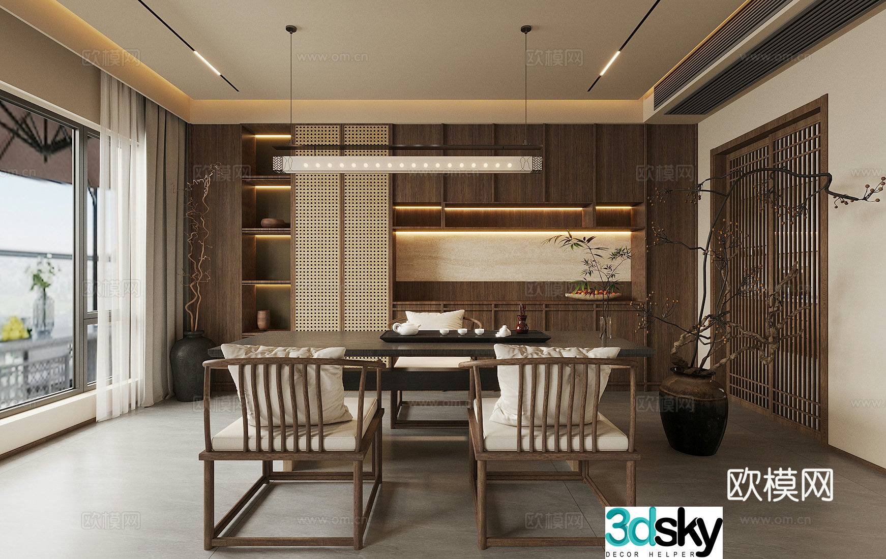 New Chinese-style tea room tea table and chair combination tea cabinet 3D model