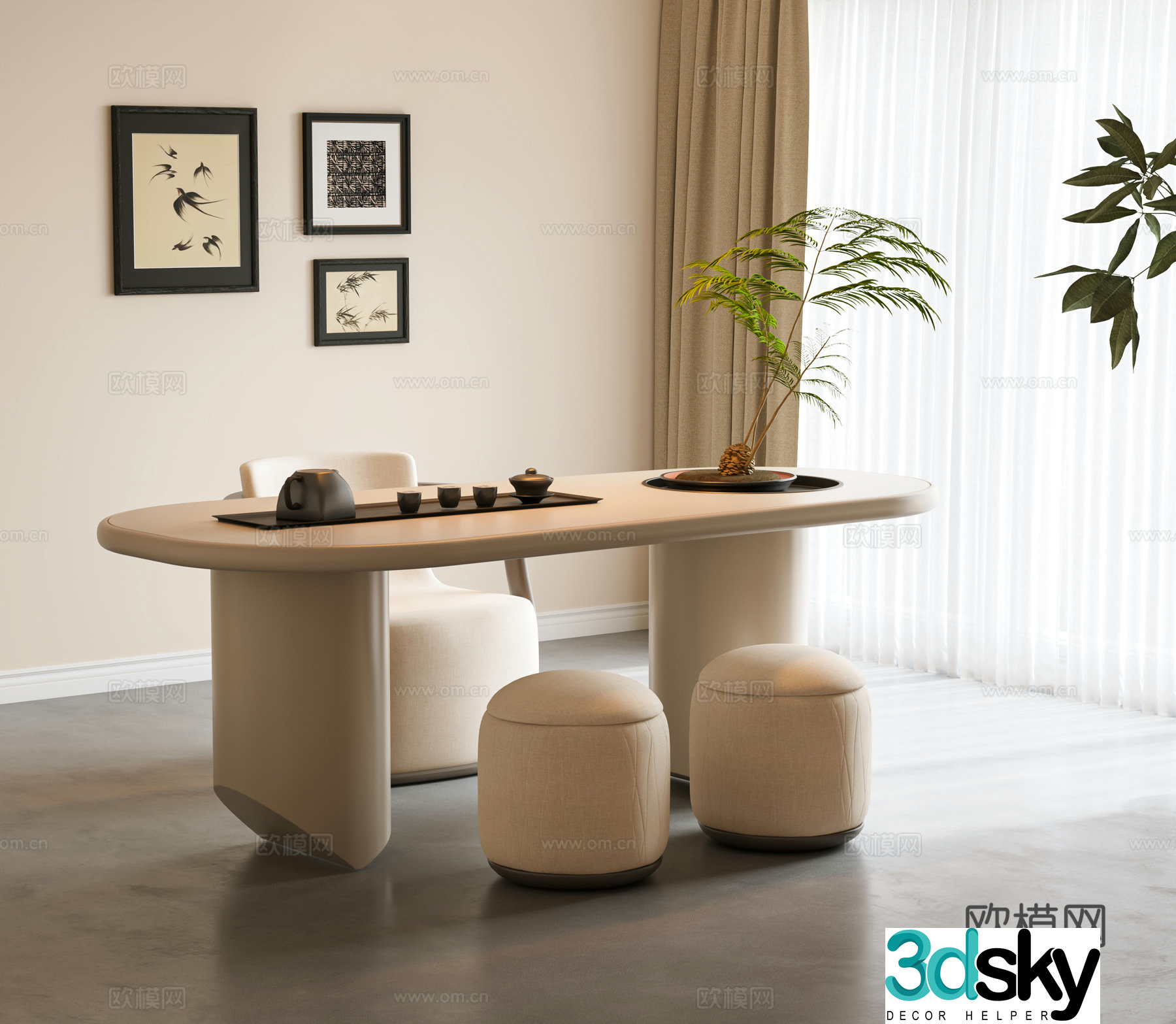 Modern tea table and chairs tea table tea set stool tea room curtains decorative painting 3d model