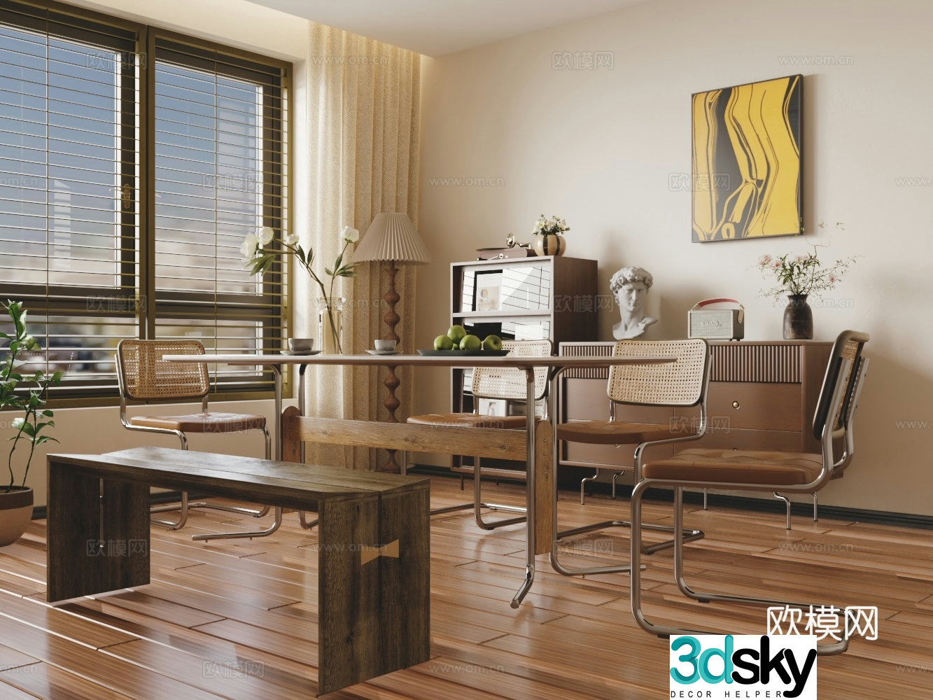 Modern restaurant solid wood dining table and chair combination 3D model