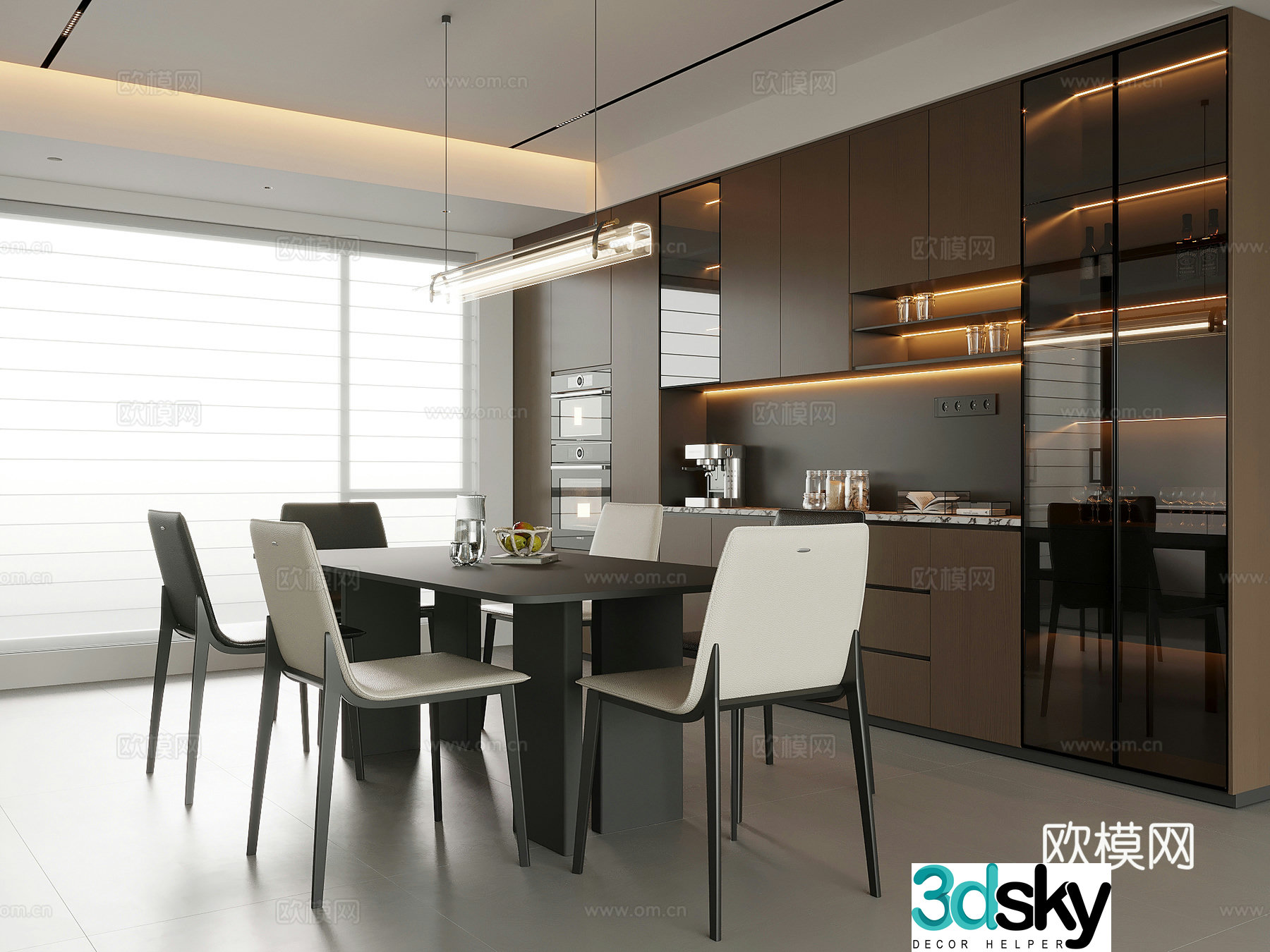 Italian minimalist restaurant dining table and chairs wine cabinet 3d model