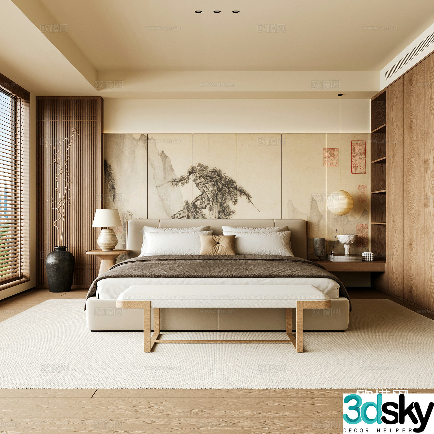 New Chinese style home bedroom Song family aesthetic bedroom Song style bedroom New Chinese style double bed 3D model