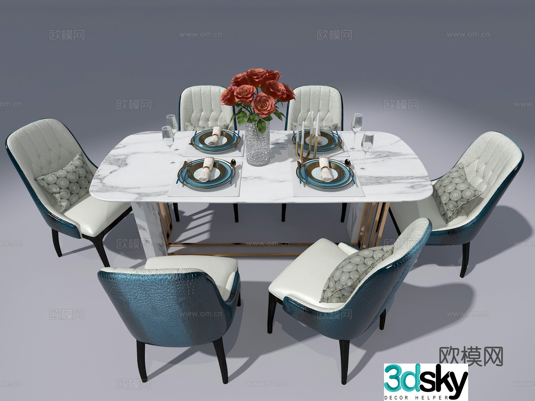 6 people dining table and chair 3d model