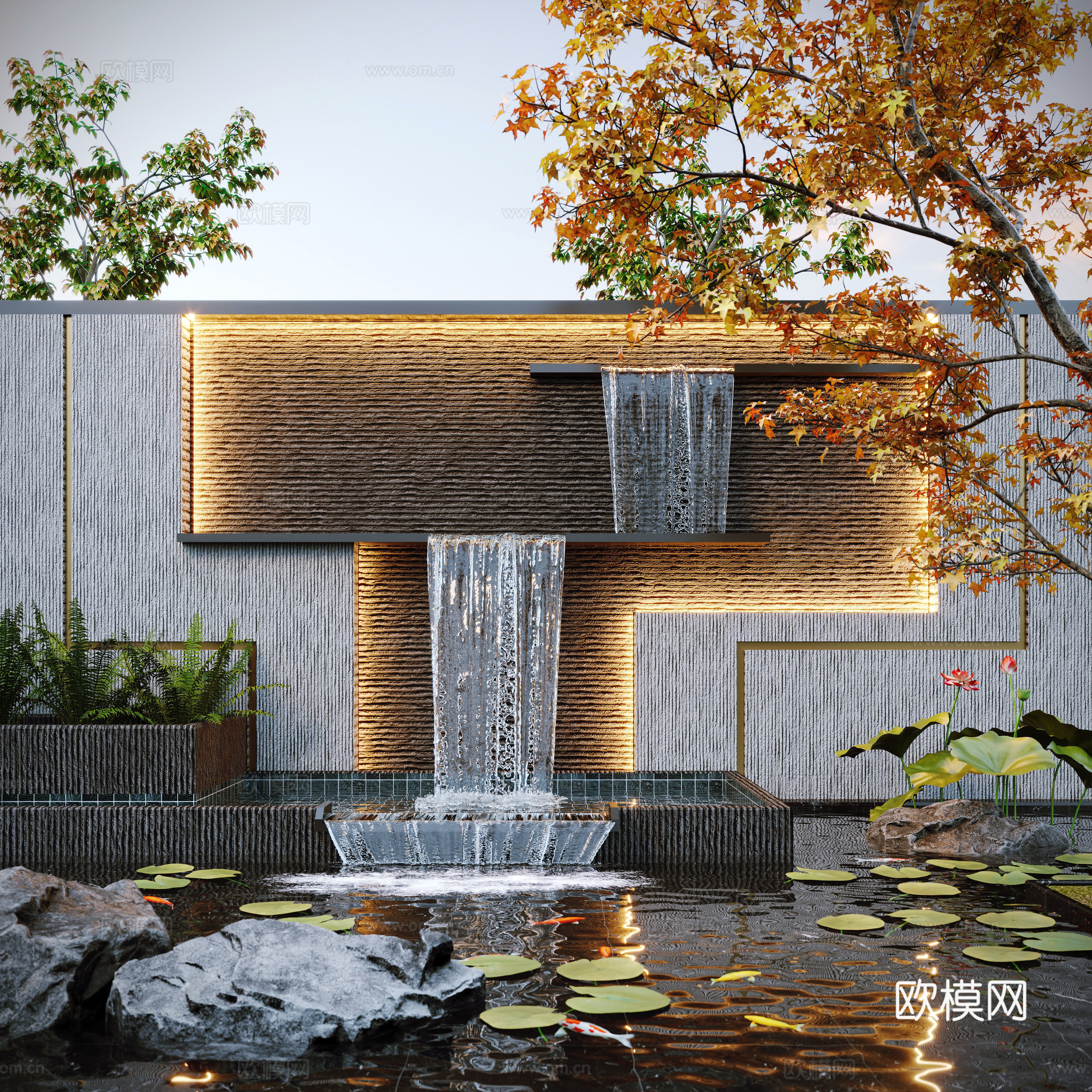 Modern water landscape courtyard waterscape stacked water fish pond landscape wall 3d model