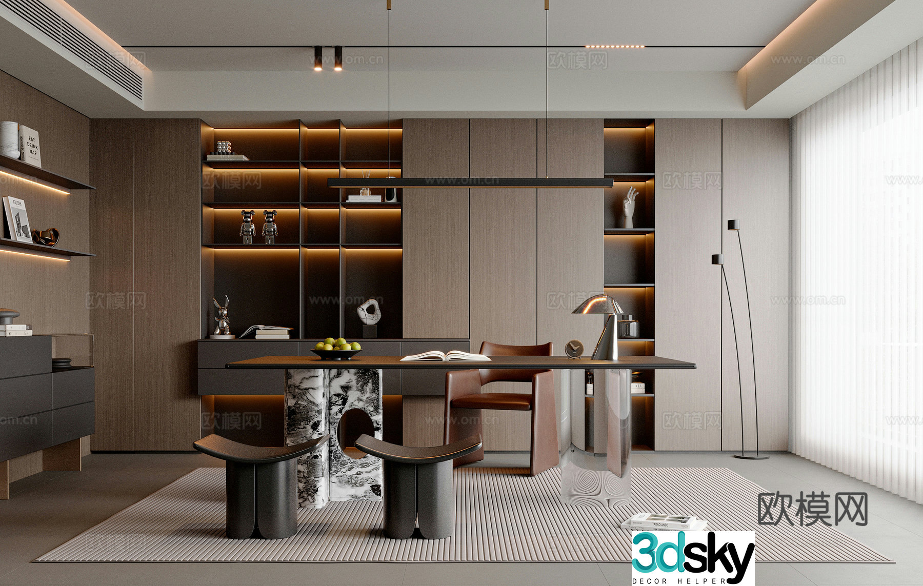 Modern Italian study desk and chair combination Alec single chair chandelier bookcase pier 3D model