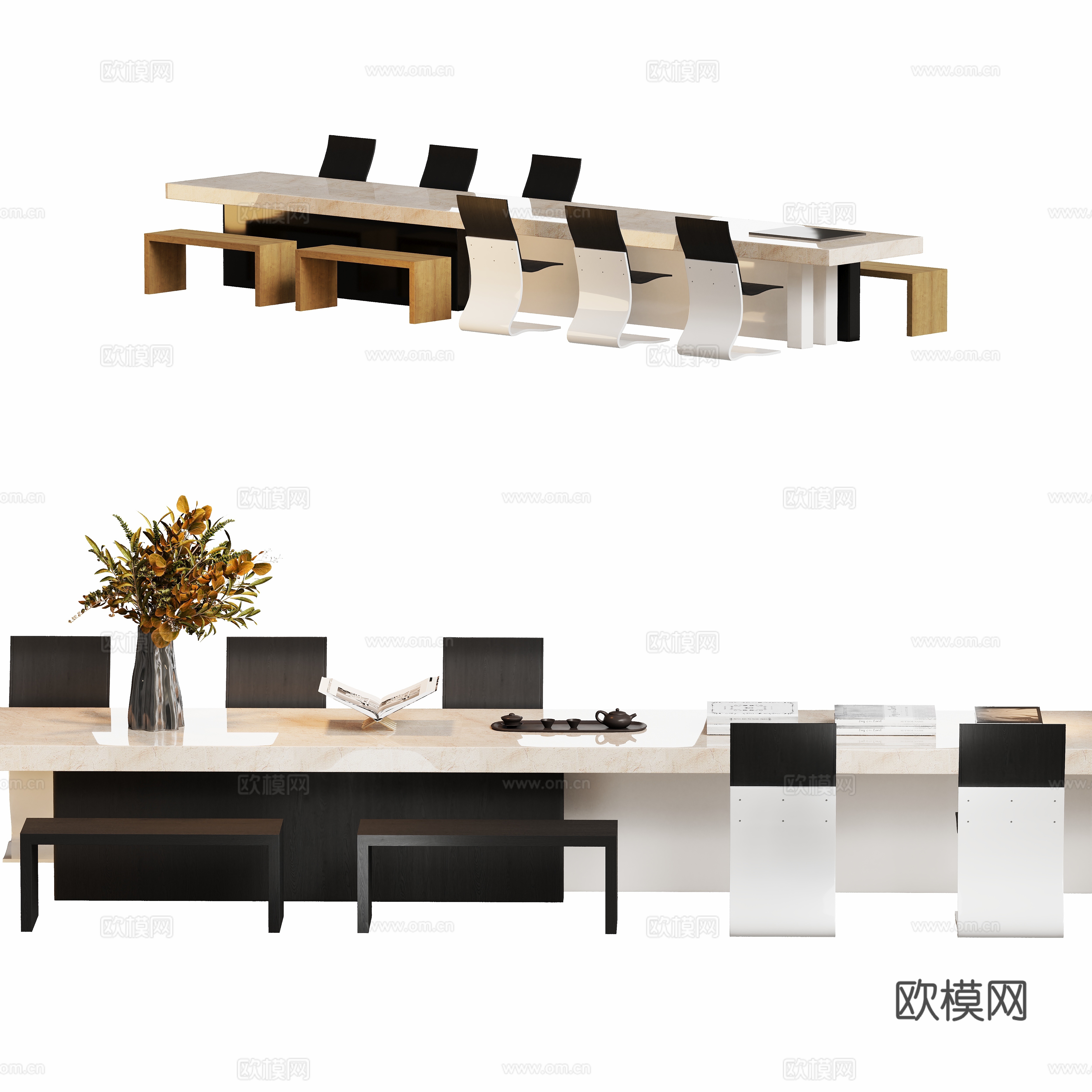 Modern desk large table and chair combination 3D model