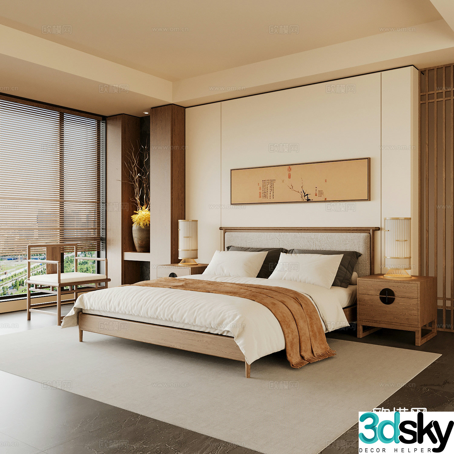 New Chinese style home bedroom Song family aesthetic bedroom Song style bedroom New Chinese style double bed New Chinese 3D model