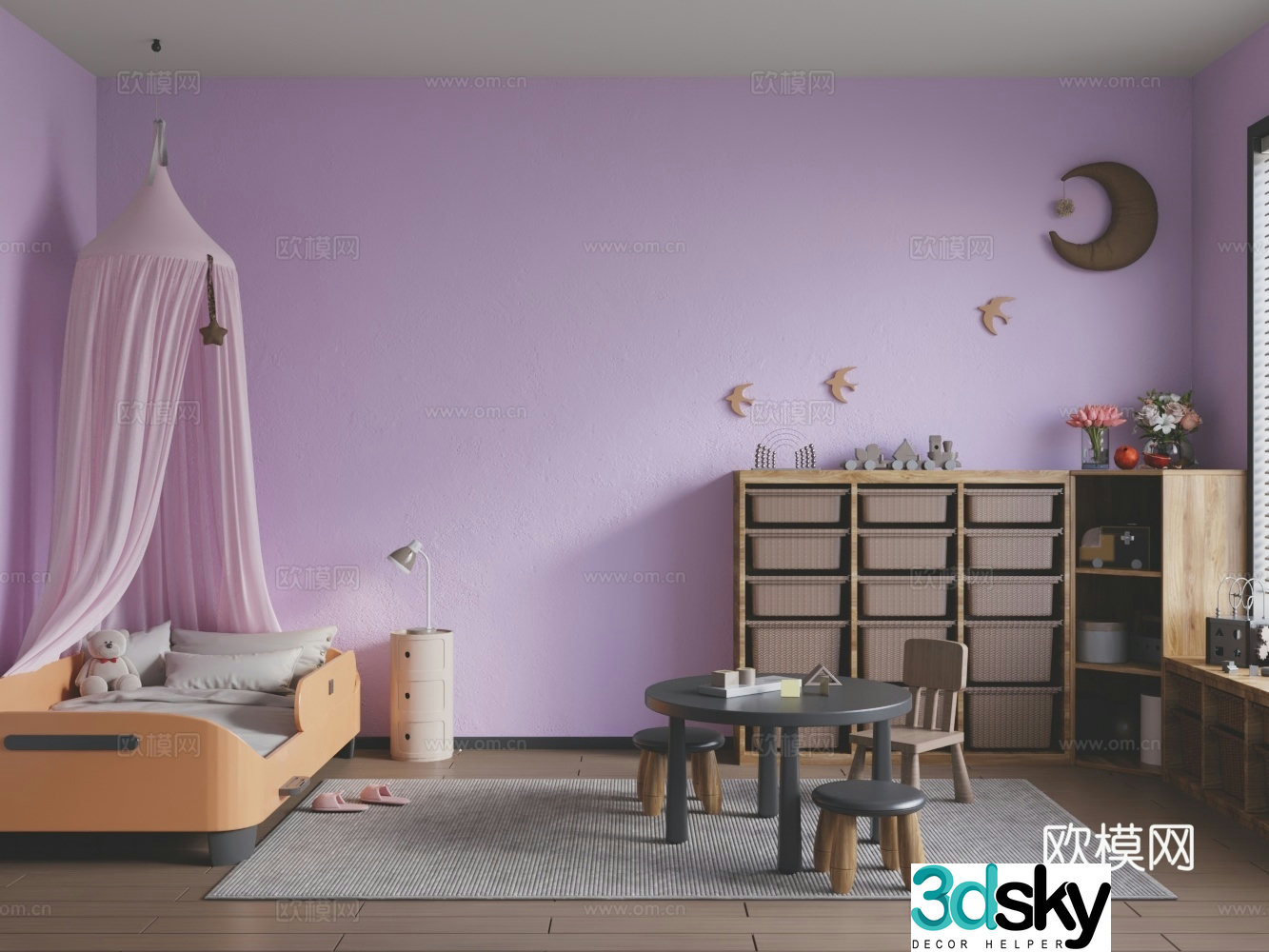 Modern bedroom children’s room children’s bed round table and chair combination solid wood high and low cabinet 3D model