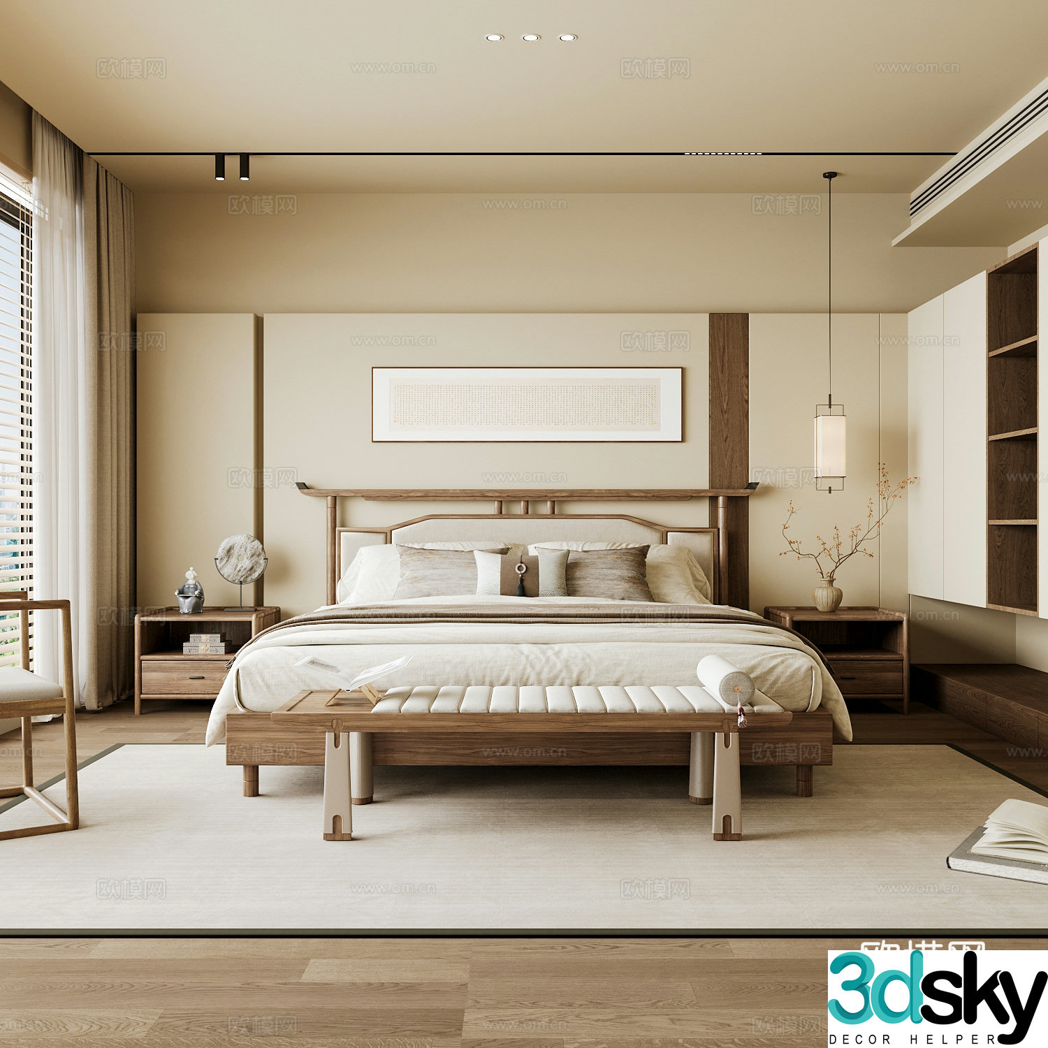 New Chinese style home bedroom Song family aesthetic bedroom Song style bedroom New Chinese style double bed 3D model