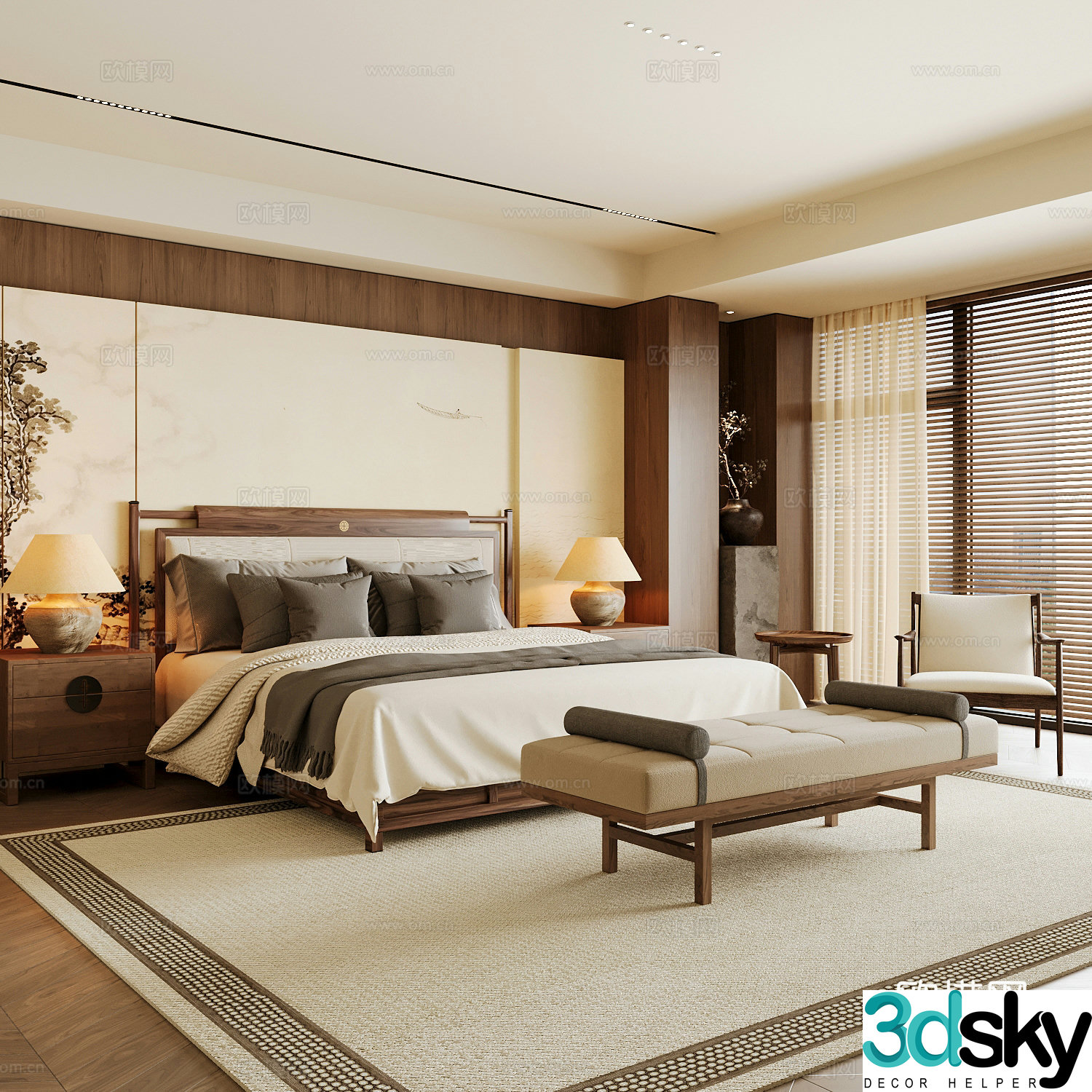 New Chinese style home bedroom Song family aesthetic bedroom Song style bedroom New Chinese style double bed New Chinese 3D model