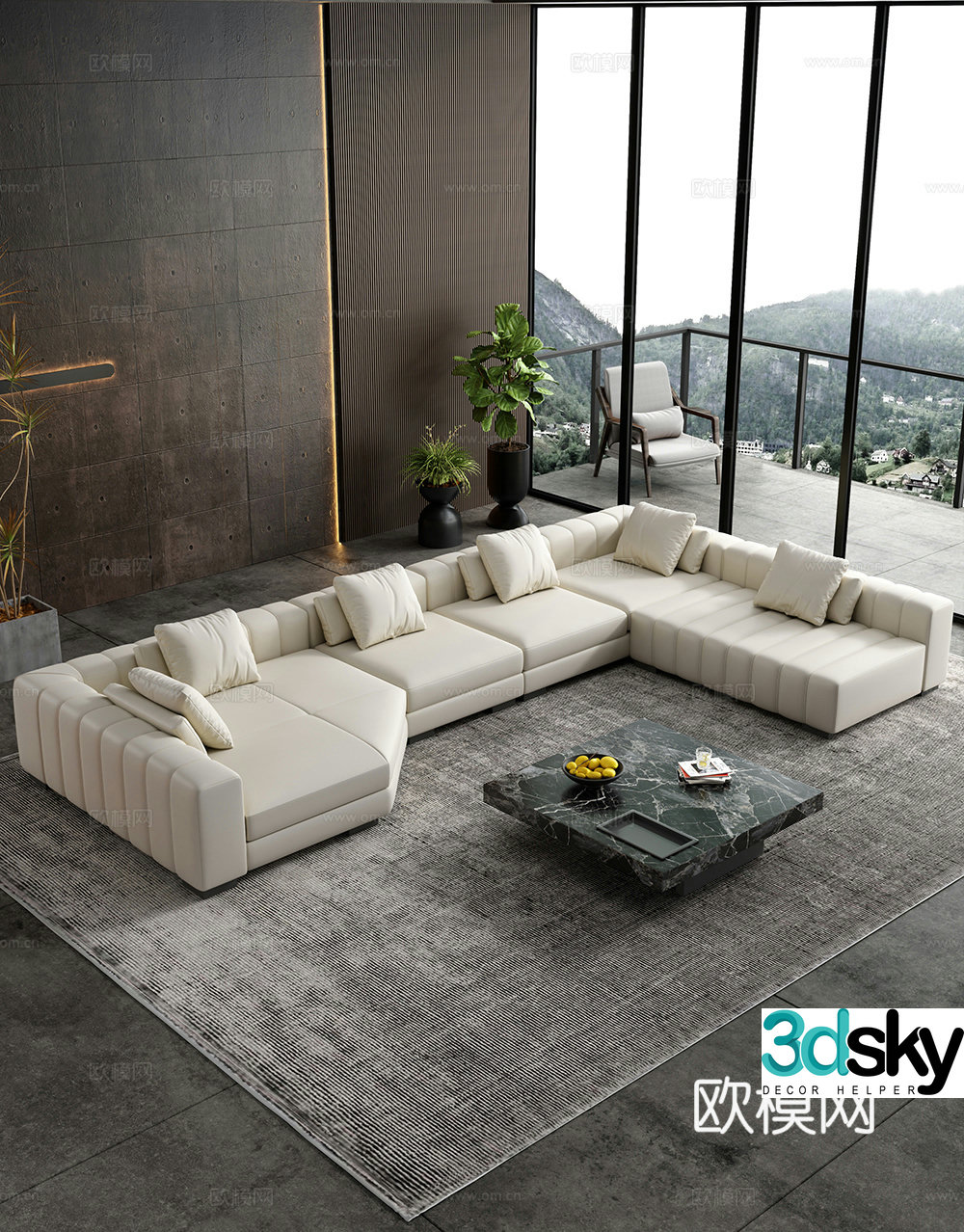 Modern simple home living room sofa and coffee table combination fabric sofa storage cabinet green plants ornaments 3D model