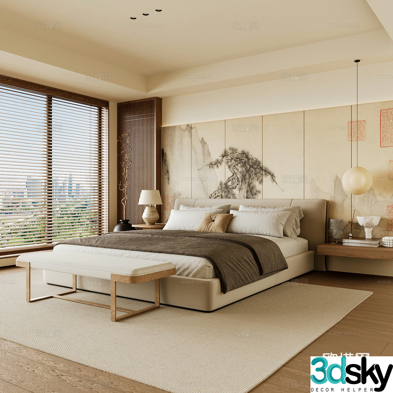 New Chinese style home bedroom Song family aesthetic bedroom Song style bedroom New Chinese style double bed New Chinese 3D model