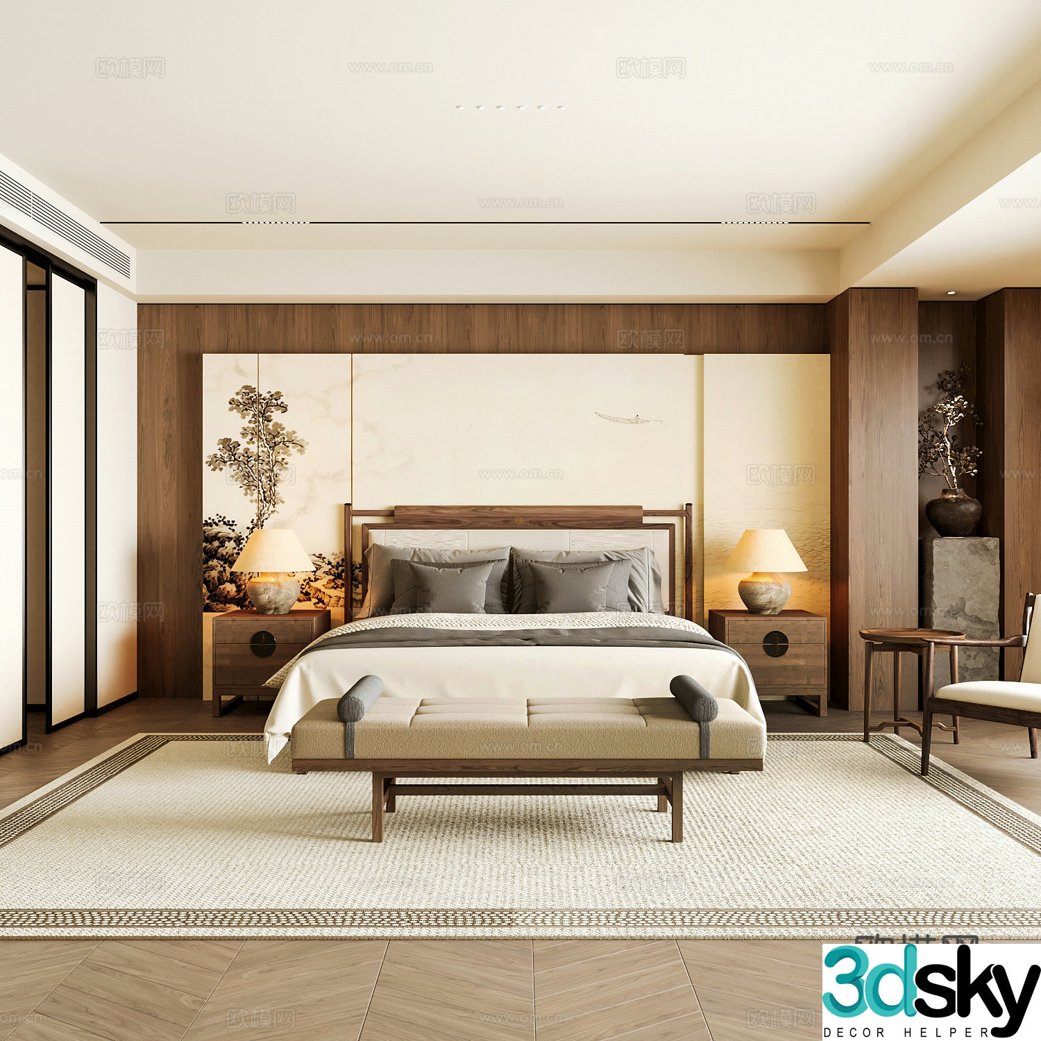 New Chinese style home bedroom Song family aesthetic bedroom Song style bedroom New Chinese style double bed 3D model