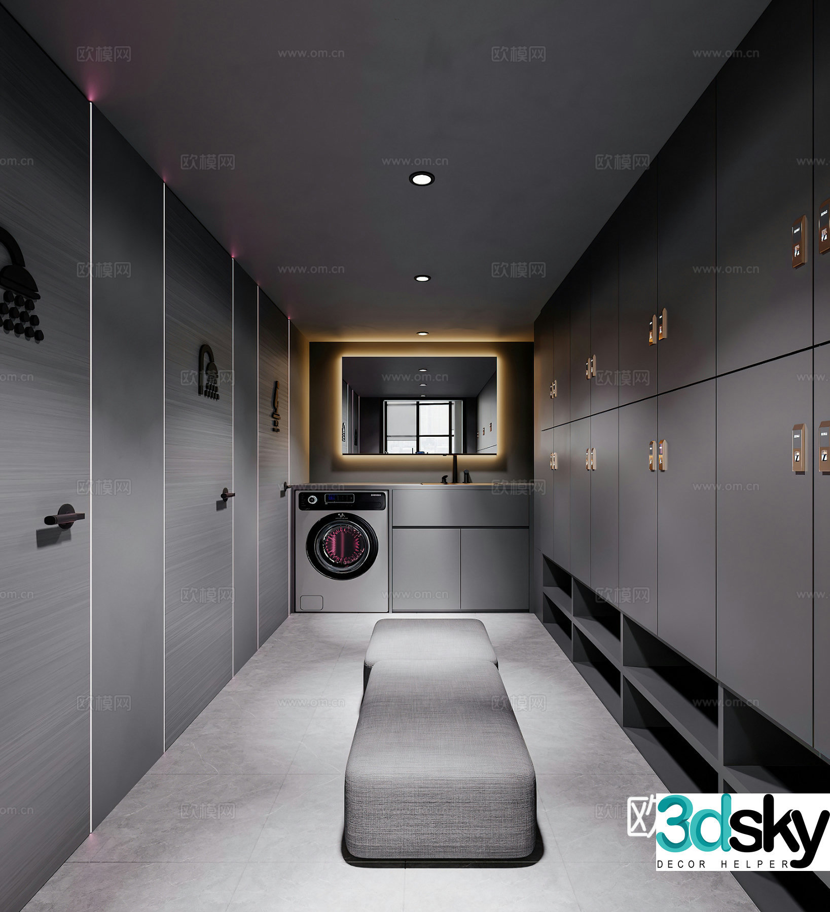 Modern dressing room dressing room work clothes washing machine gym clothing storage room 3d model