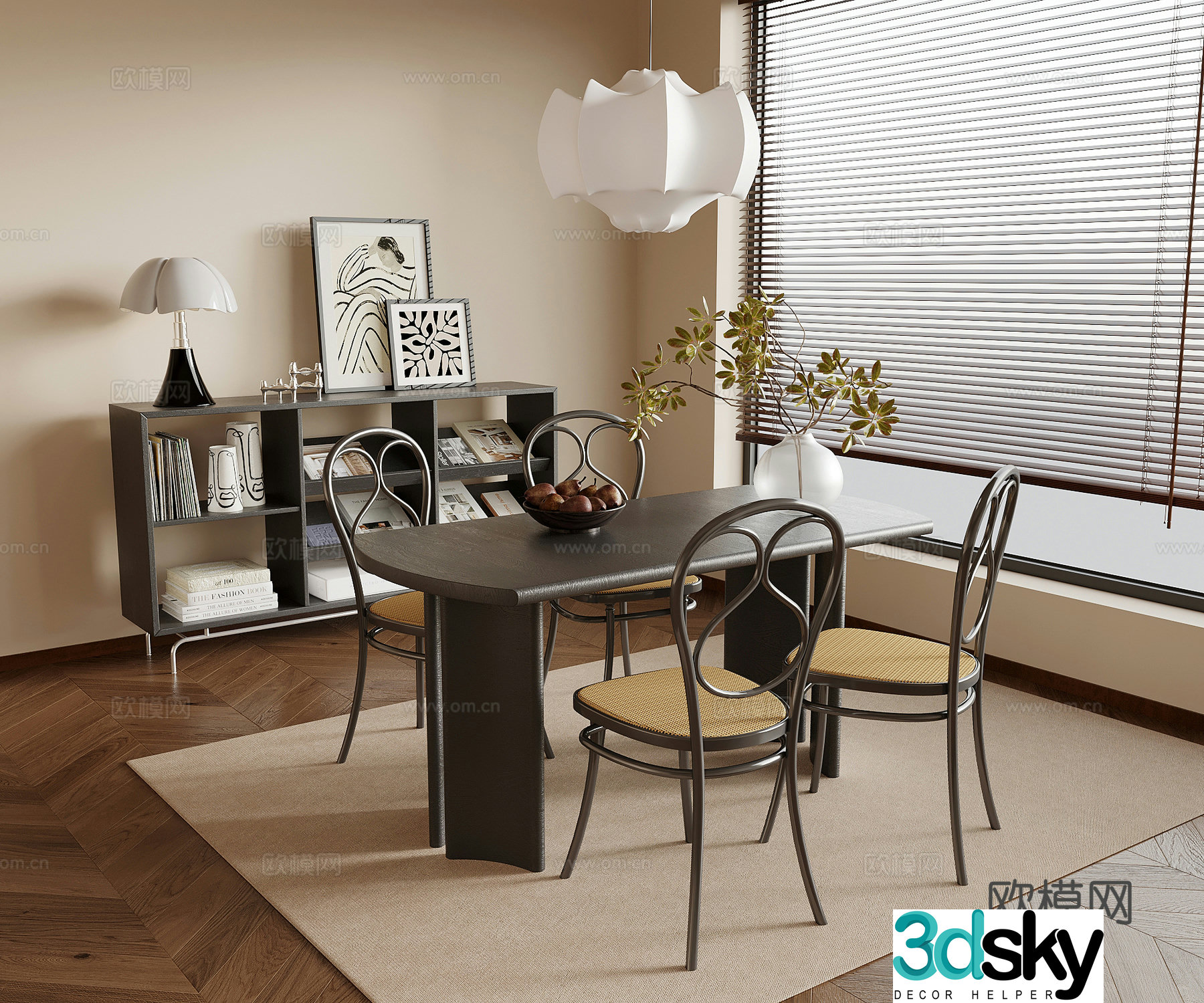 French retro style restaurant dining table and chair entrance cabinet 3d model