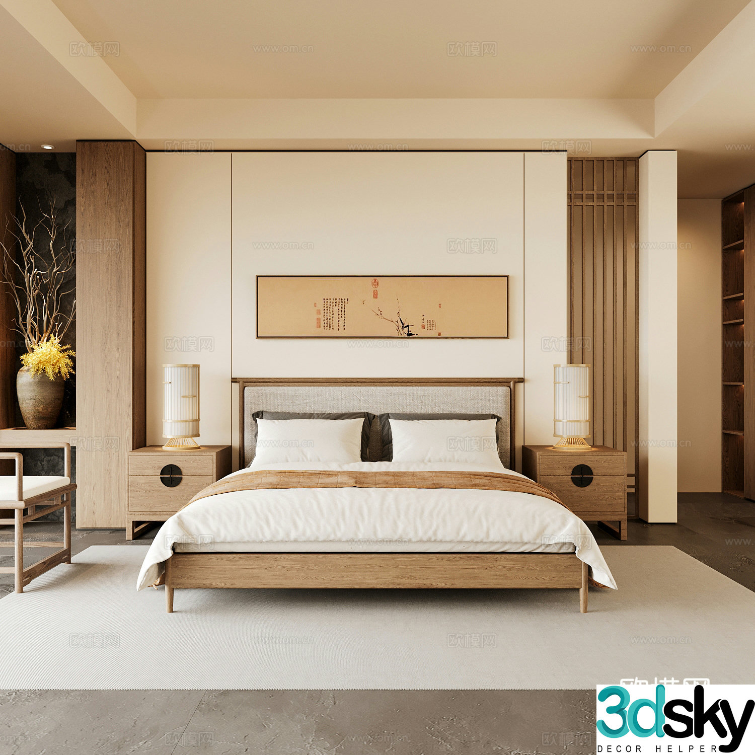 New Chinese style home bedroom Song family aesthetic bedroom Song style bedroom New Chinese style double bed 3D model
