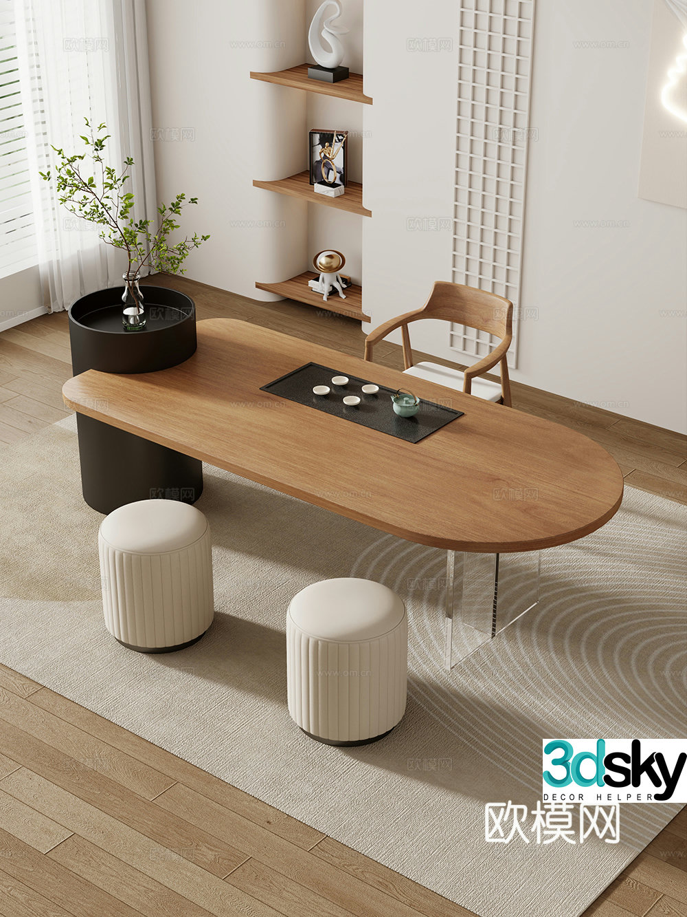 Creamy large plate table tea table and chair combination tea table tea table tea room tea table balcony tea table 3D model