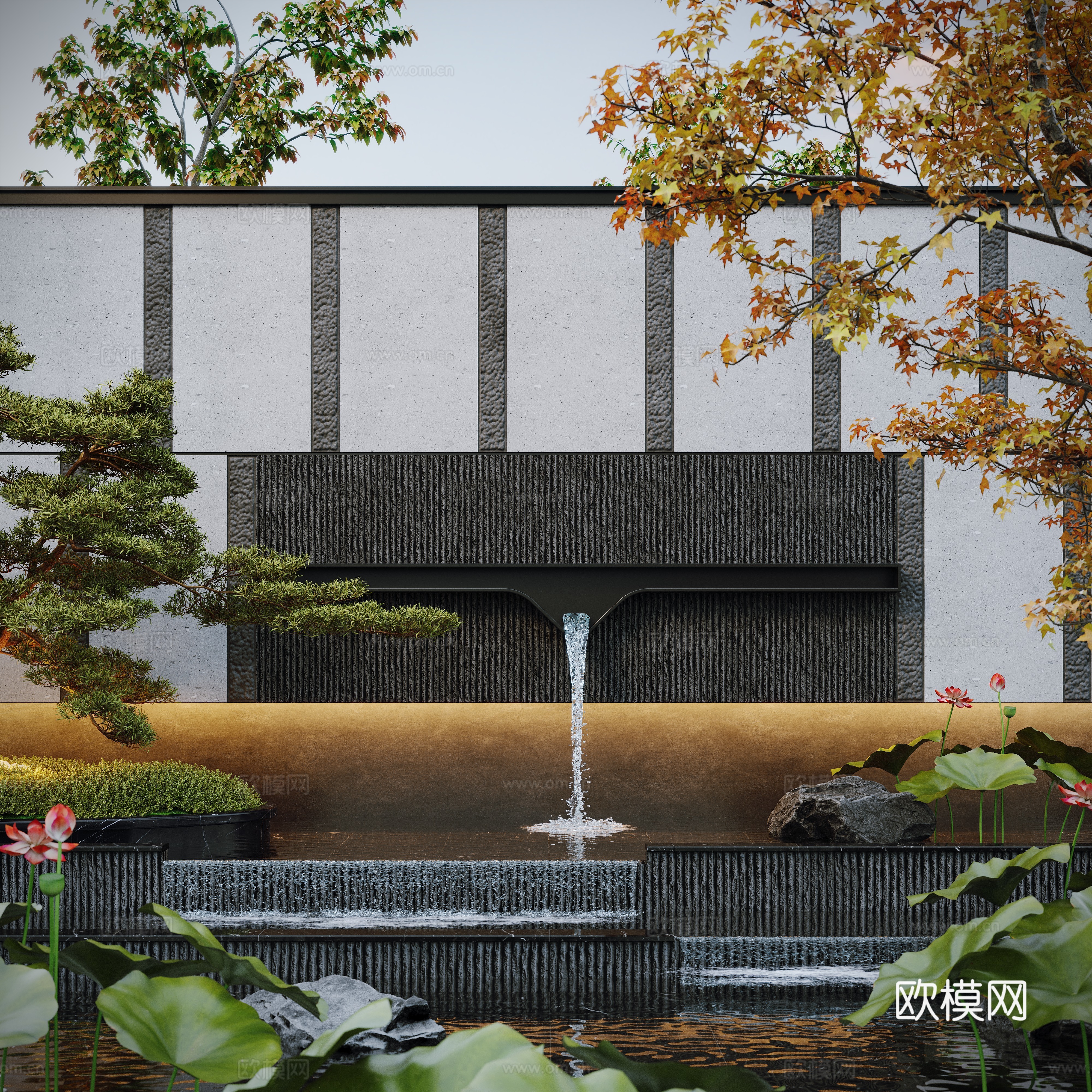 Modern water landscape courtyard waterscape stacked water fish pond landscape wall 3d model
