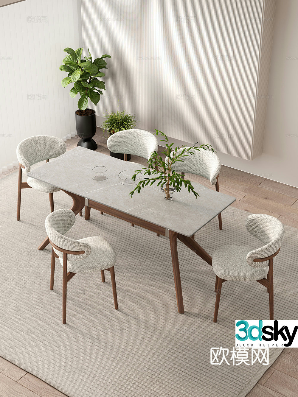 Creamy restaurant dining table and chair combination rock table hanging painting decoration 3d model