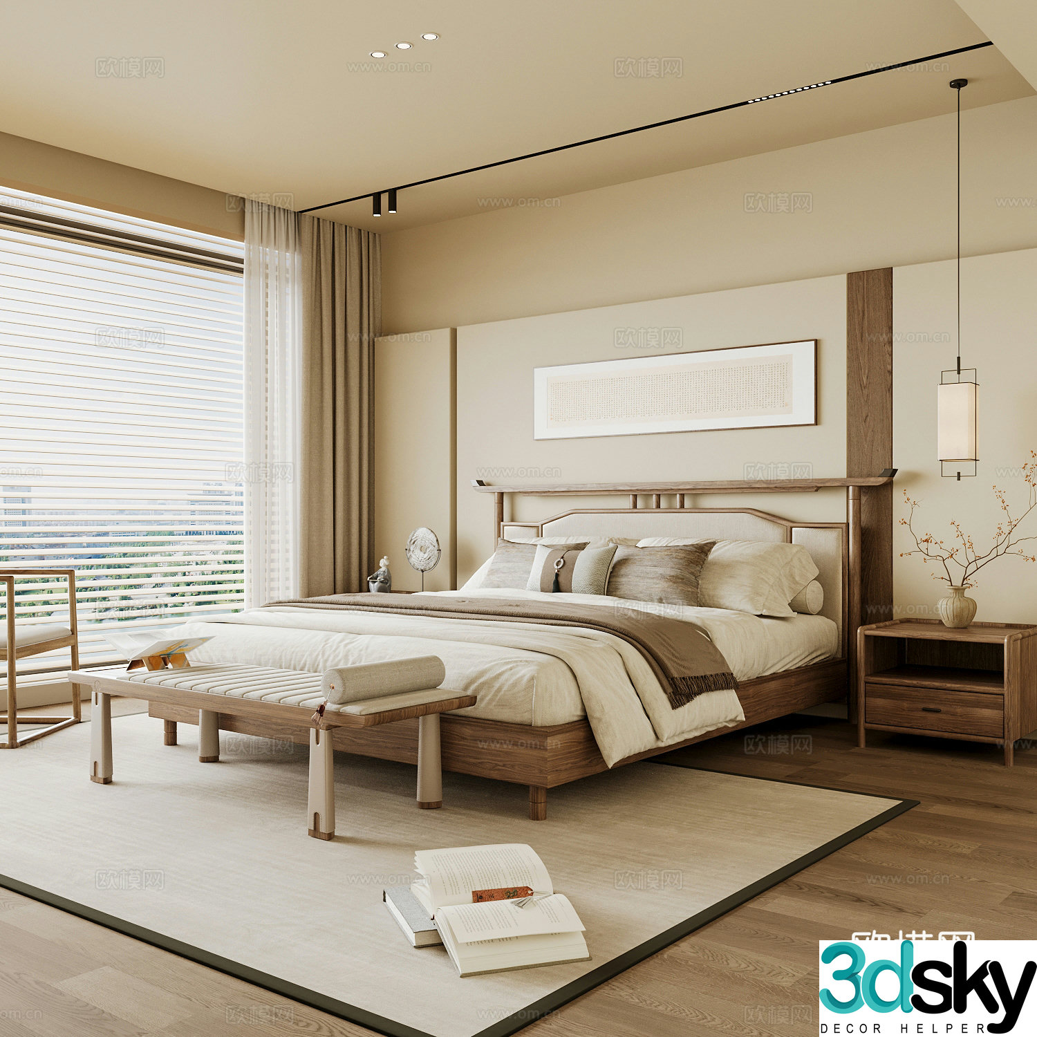New Chinese style home bedroom Song family aesthetic bedroom Song style bedroom New Chinese style double bed New Chinese 3D model