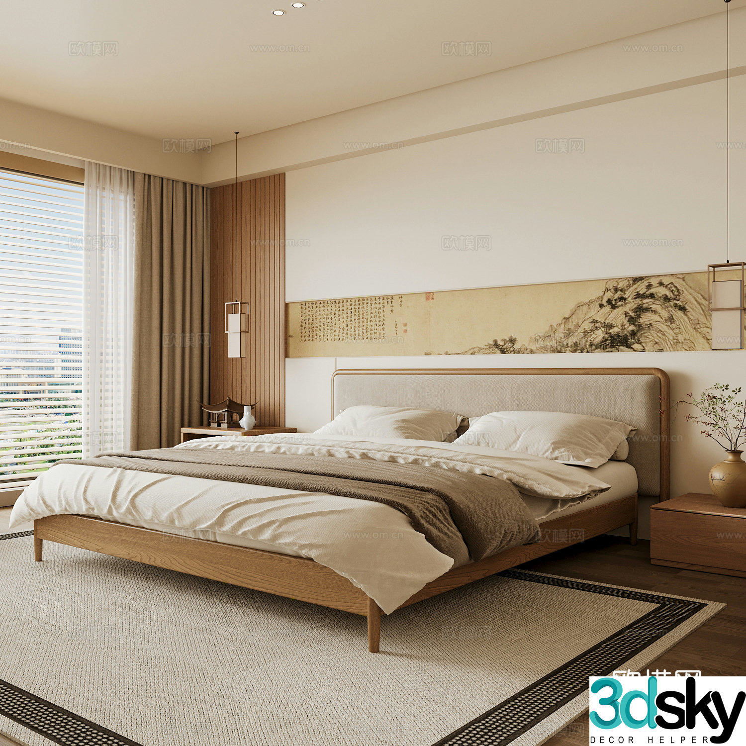 New Chinese style home bedroom Song family aesthetic bedroom Song style bedroom New Chinese style double bed New Chinese 3D model