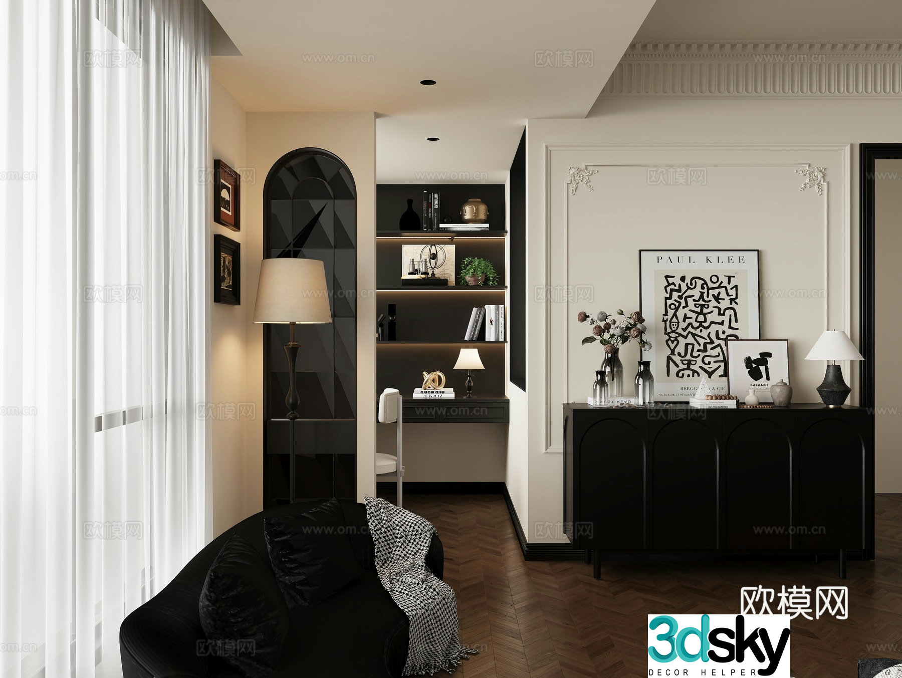 Middle style black and white gray French master bedroom 3D model
