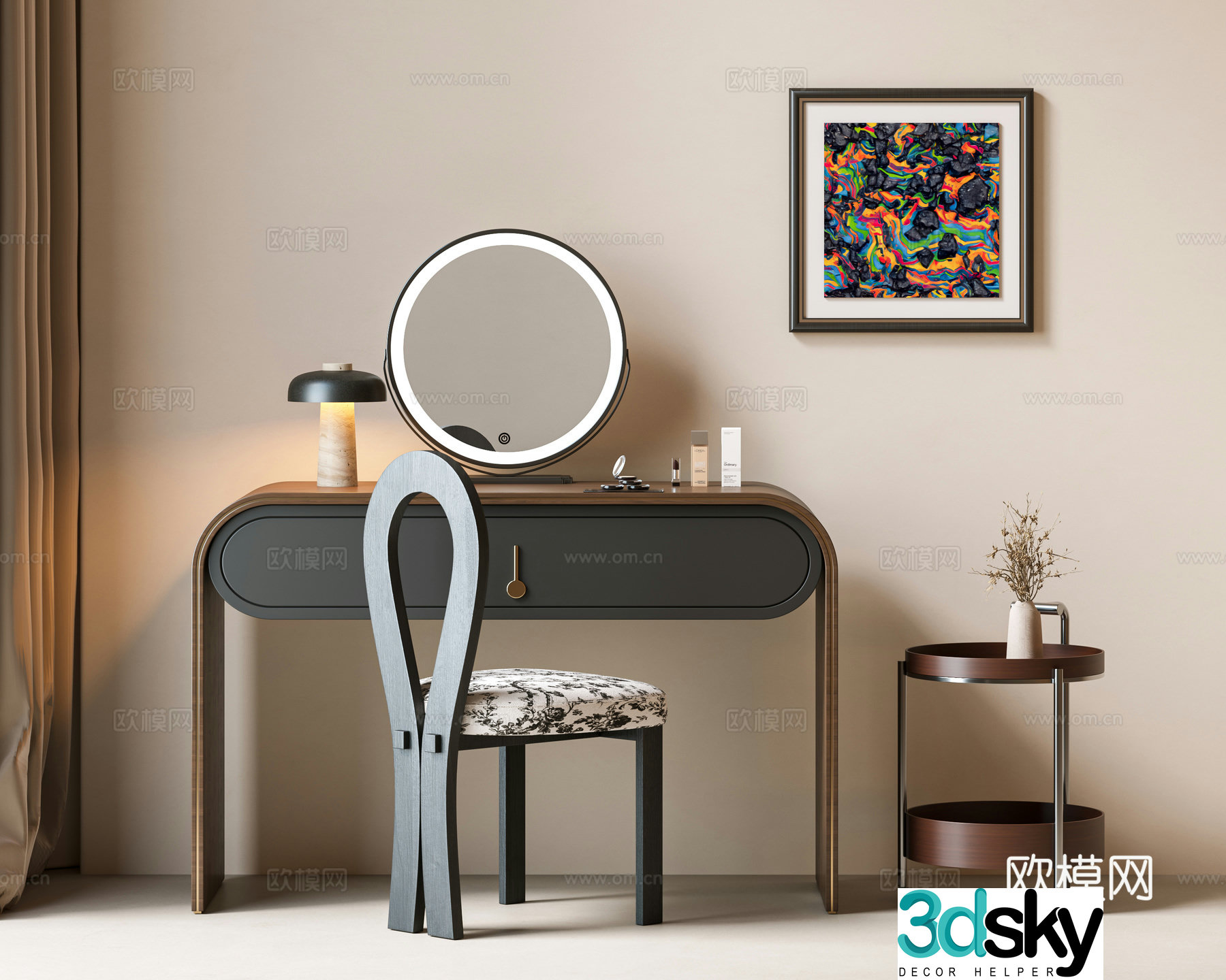 Modern medieval dressing table dressing chair makeup mirror makeup table makeup stool combination medieval side table medieval 3D model