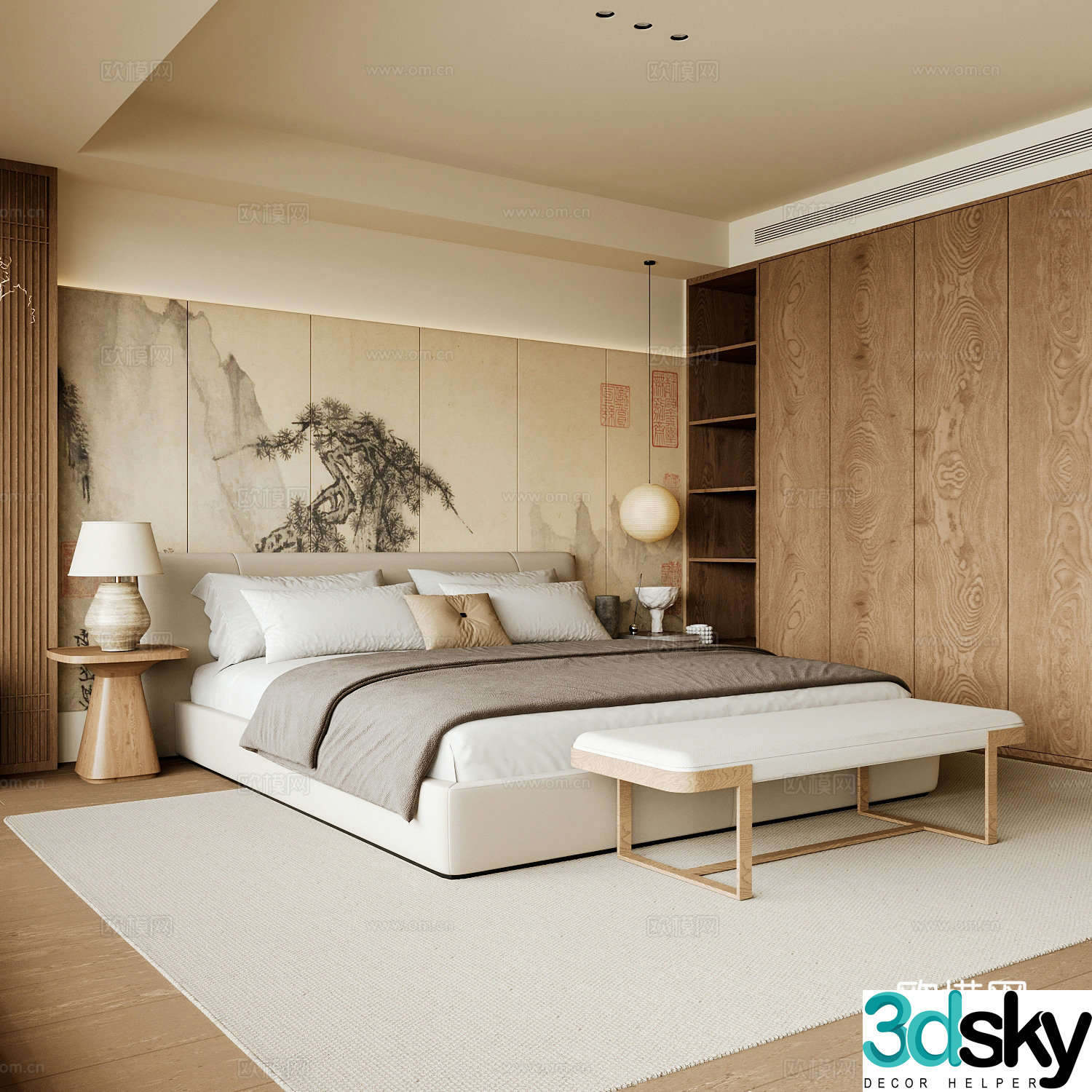New Chinese style home bedroom Song family aesthetic bedroom Song style bedroom New Chinese style double bed New Chinese 3D model
