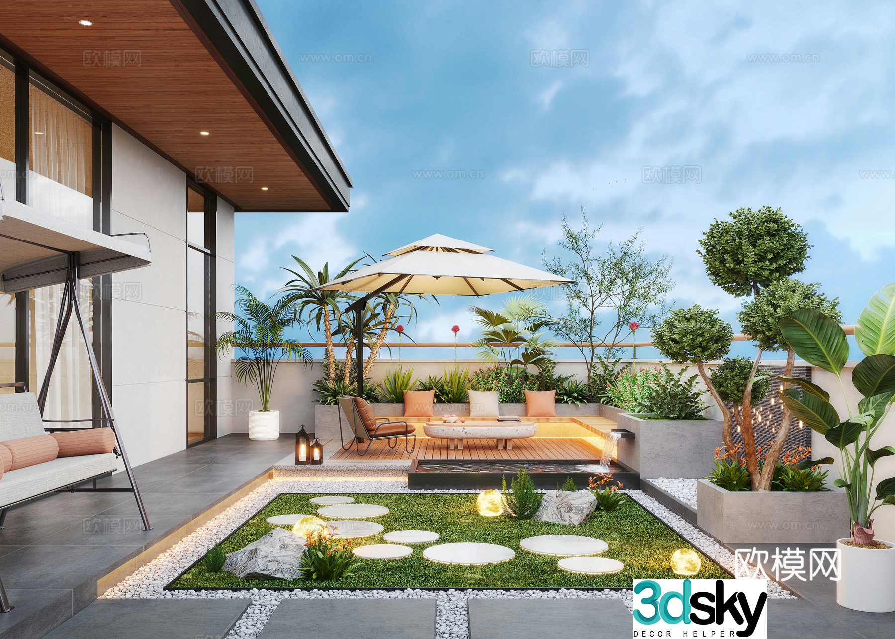 Modern roof garden water view pool leisure chair swing garden balcony 3d model