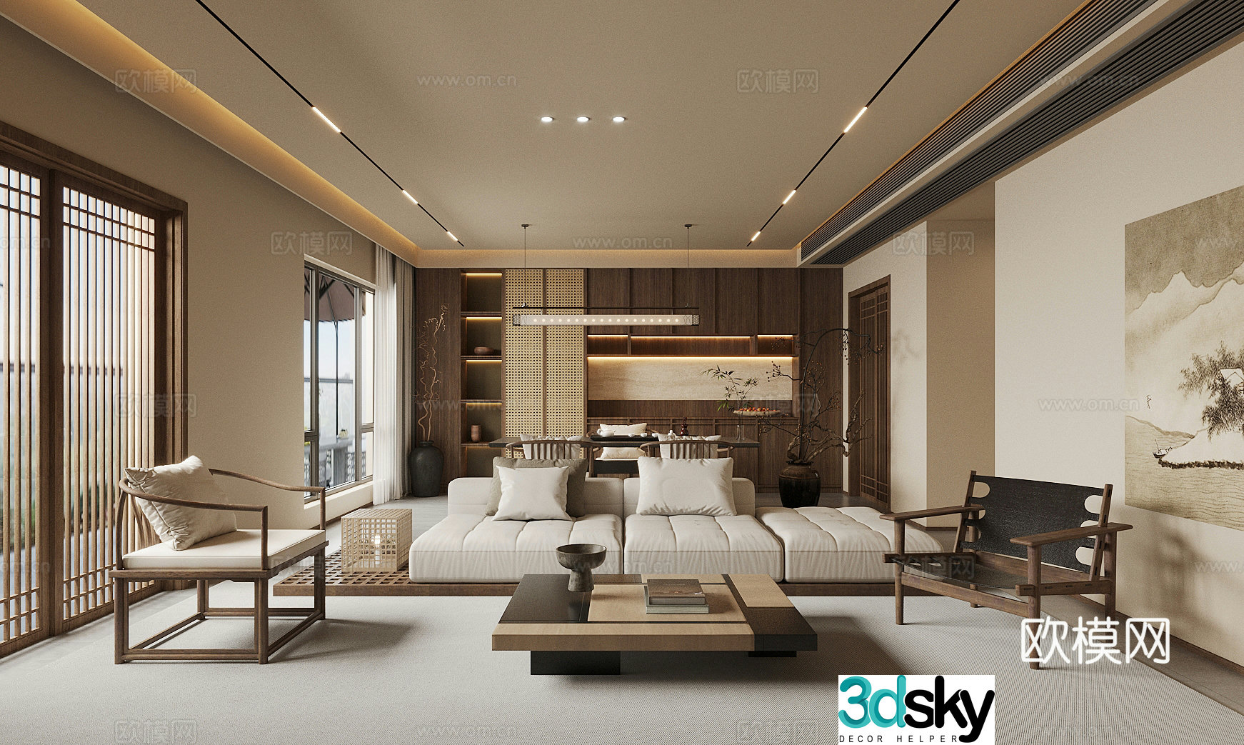 New Chinese-style Zen living room large living room horizontal living room tea table and chair combination 3D model
