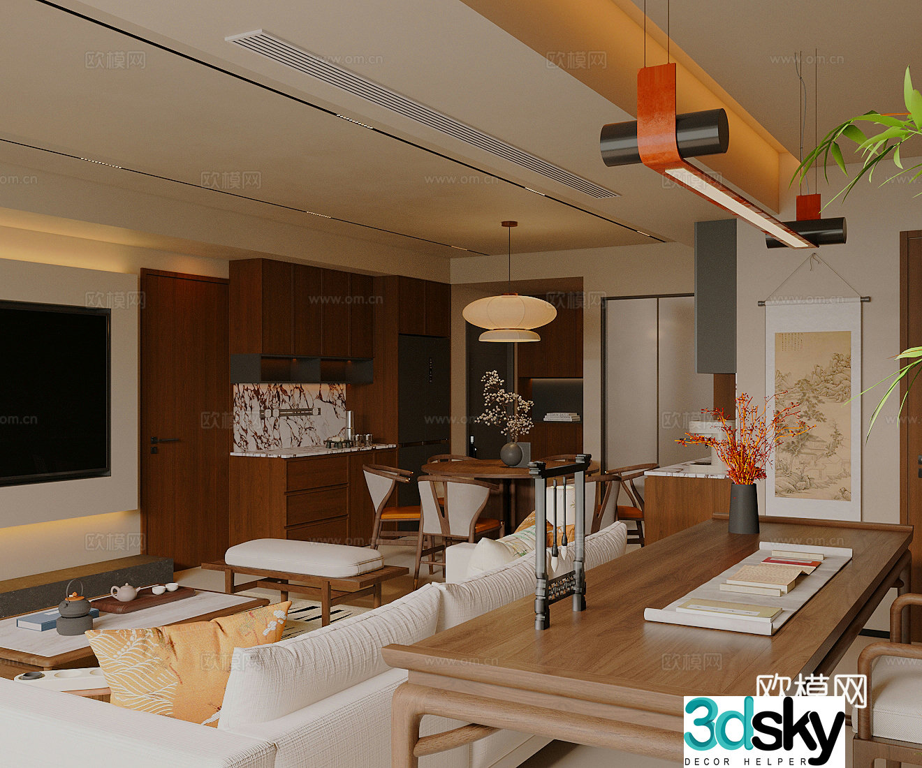 New Chinese-style Zen home living and dining room Song-style aesthetic living and dining room Chinese-style living and dining room Sofa coffee table 3D model