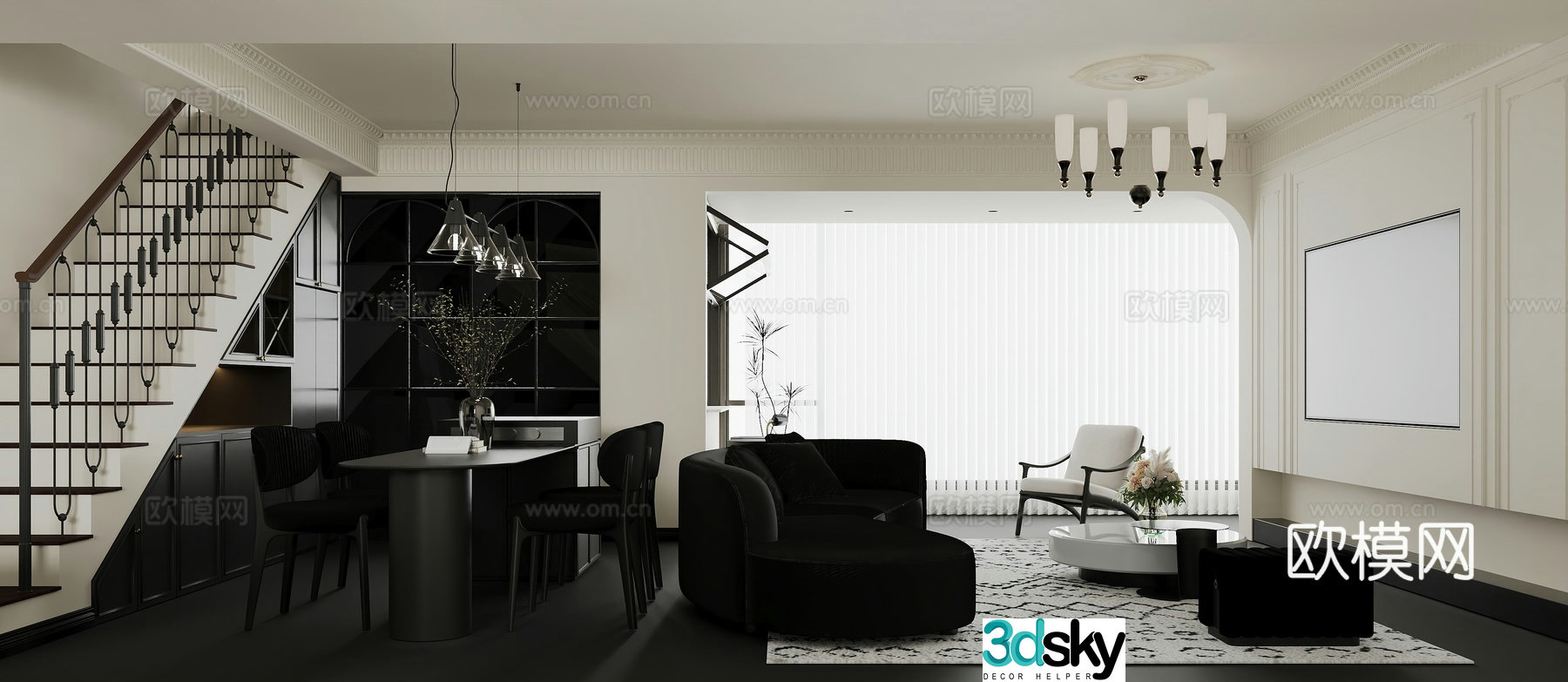 Black white and gray French villa living room dining room 3d model