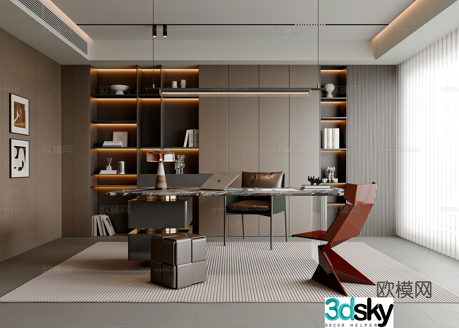 Modern Italian study desk and chair combination Alec single chair chandelier bookcase pier 3D model