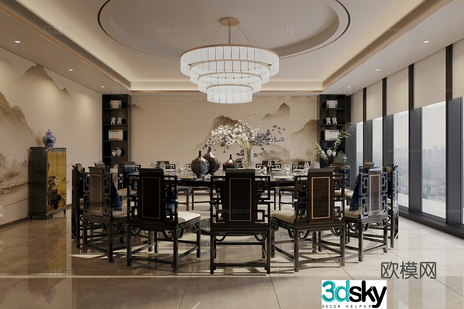 Song’s new stroke private room private room artistic chandelier round table and chair combination 3D model
