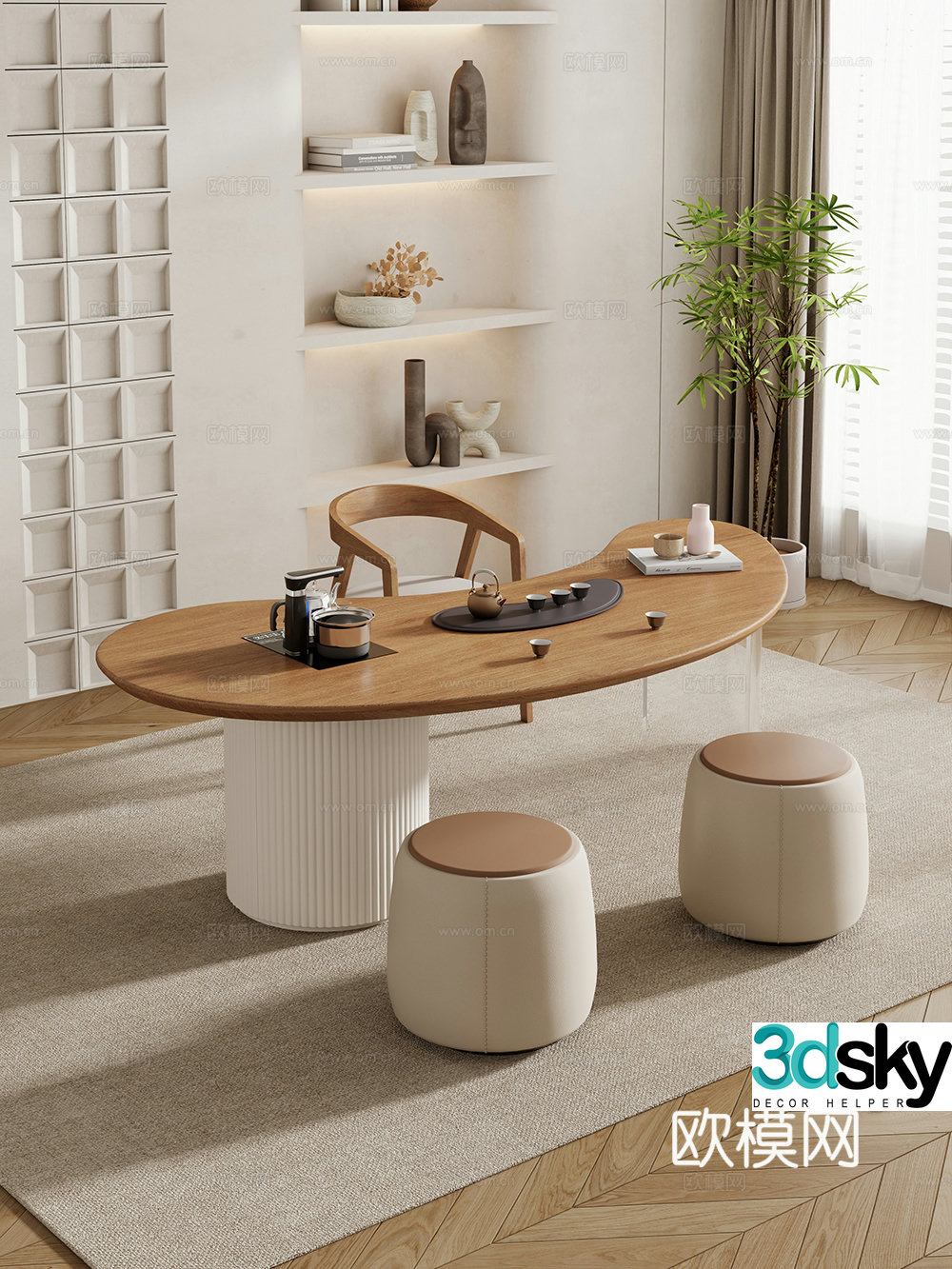 Creamy large plate table tea table and chair combination tea table tea table tea room tea table balcony tea table 3D model