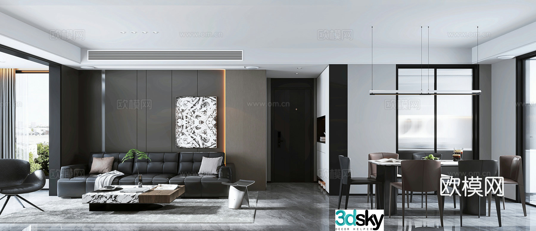 Italian light luxury black and white gray living room 3D model