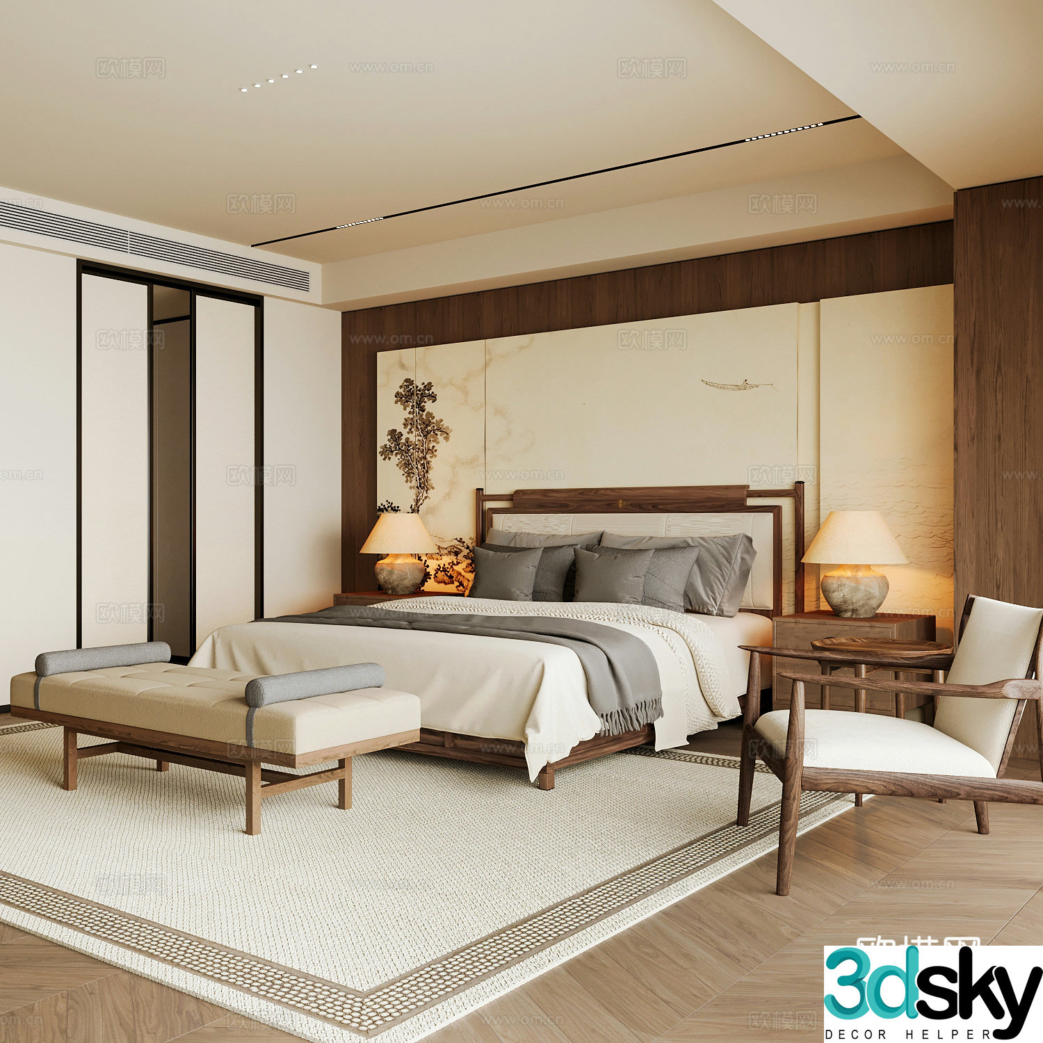 New Chinese style home bedroom Song family aesthetic bedroom Song style bedroom New Chinese style double bed 3D model
