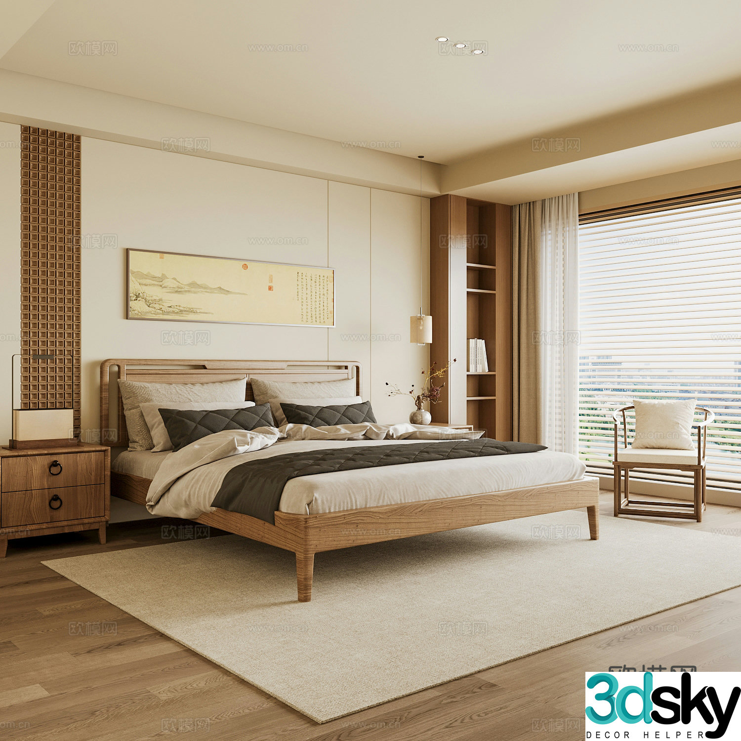 New Chinese style home bedroom Song family aesthetic bedroom Song style bedroom New Chinese style double bed New Chinese 3D model