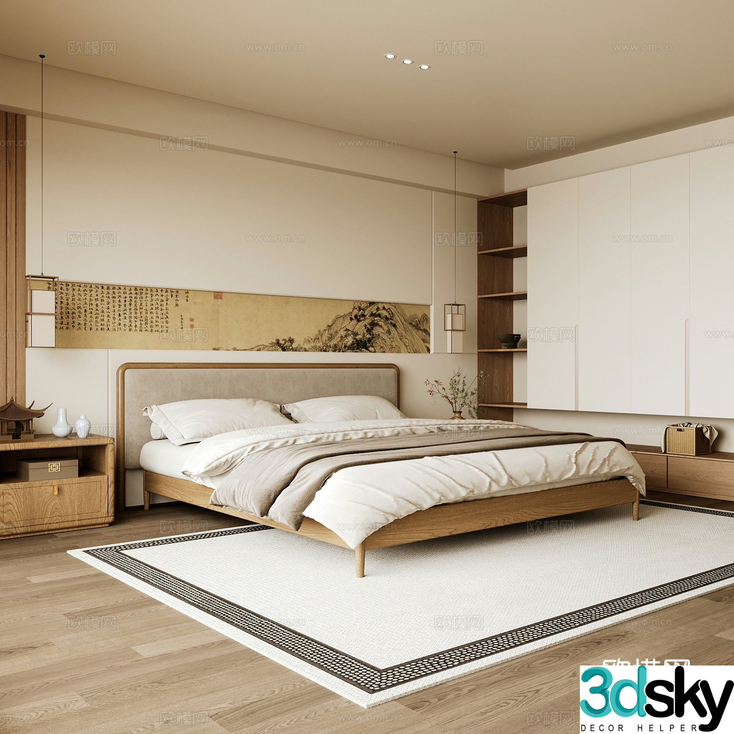 New Chinese style home bedroom Song family aesthetic bedroom Song style bedroom New Chinese style double bed New Chinese 3D model