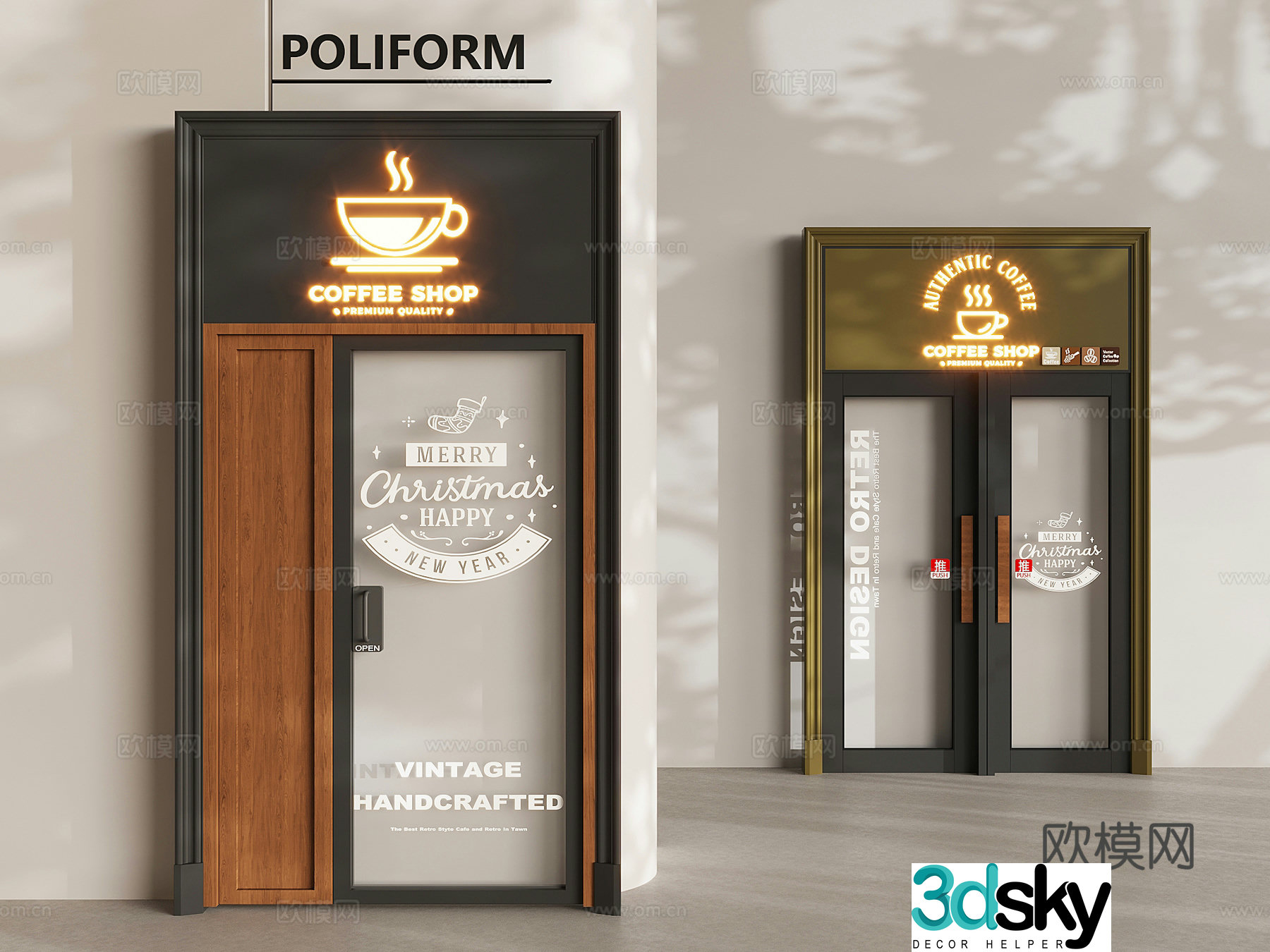 Coffee shop glass side door medieval style coffee shop double door 3D model