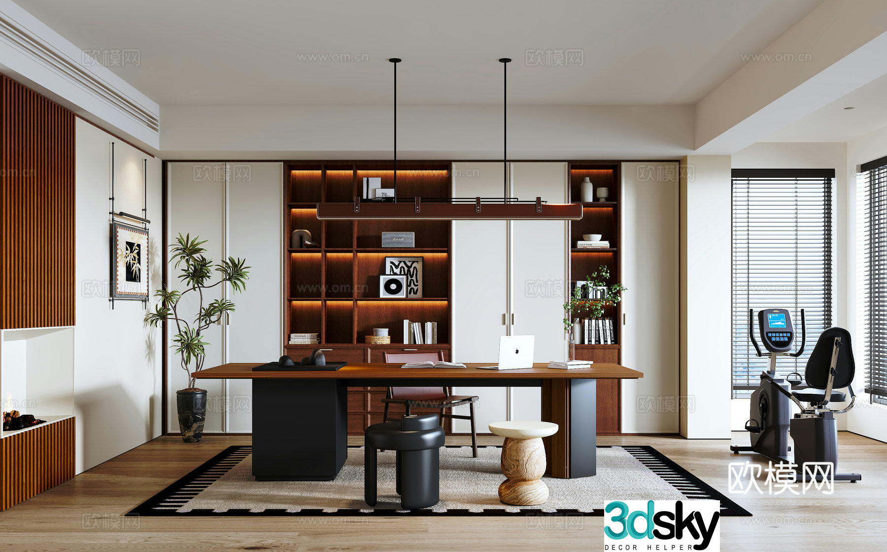 Modern medieval style study bookcase entrance desk and chair combination chandelier dynamic bicycle 3D model