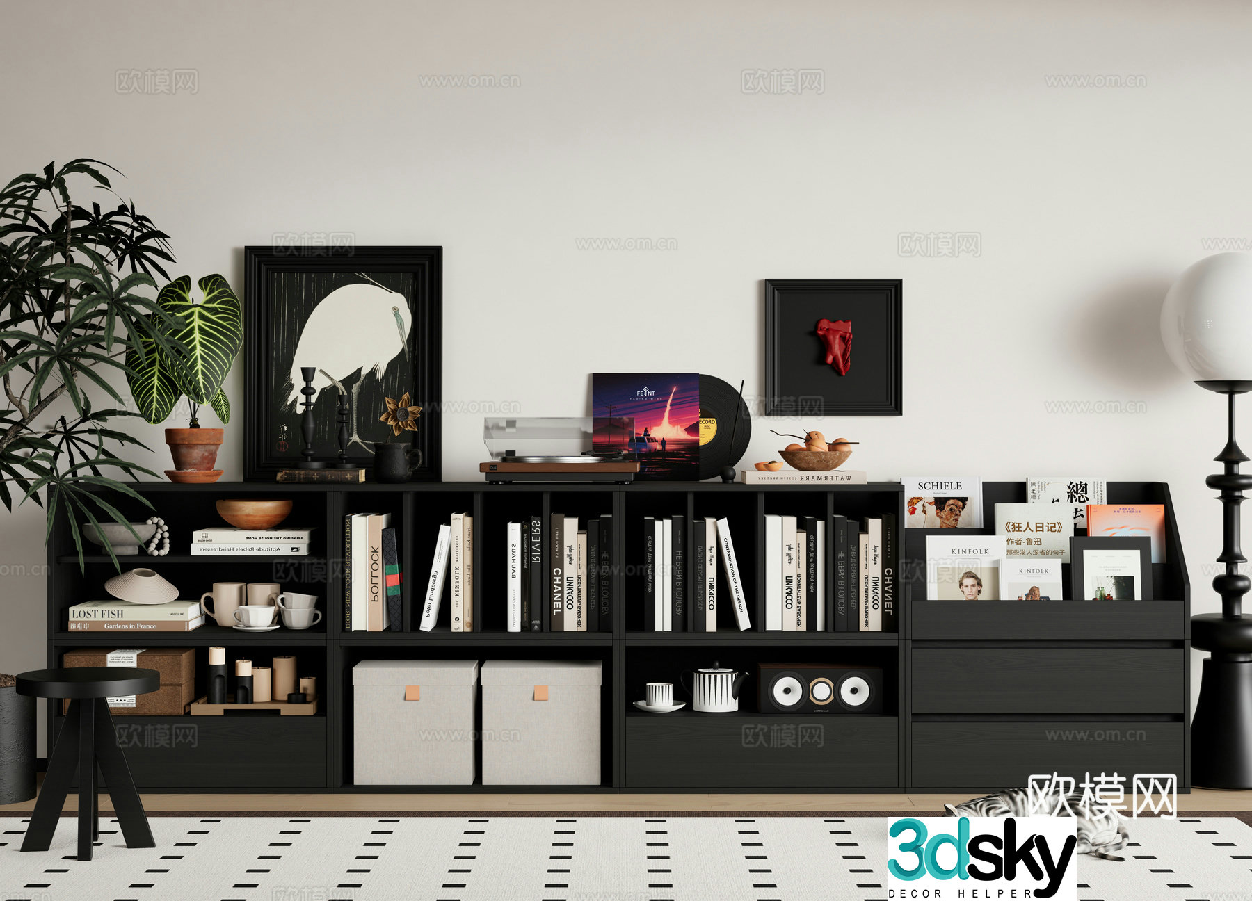 Modern medieval bookcase Medium medieval bookcase Combination bookcase Decoration cabinet Book ornaments Decorative painting 3D model