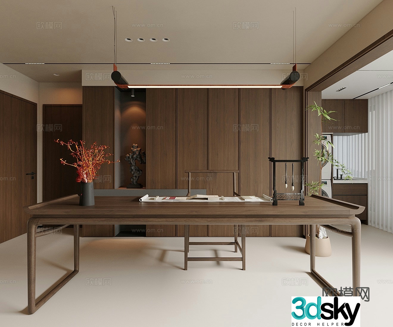 New Chinese style Zen study living room study bedroom study open study solid wood desk and chair 3D model