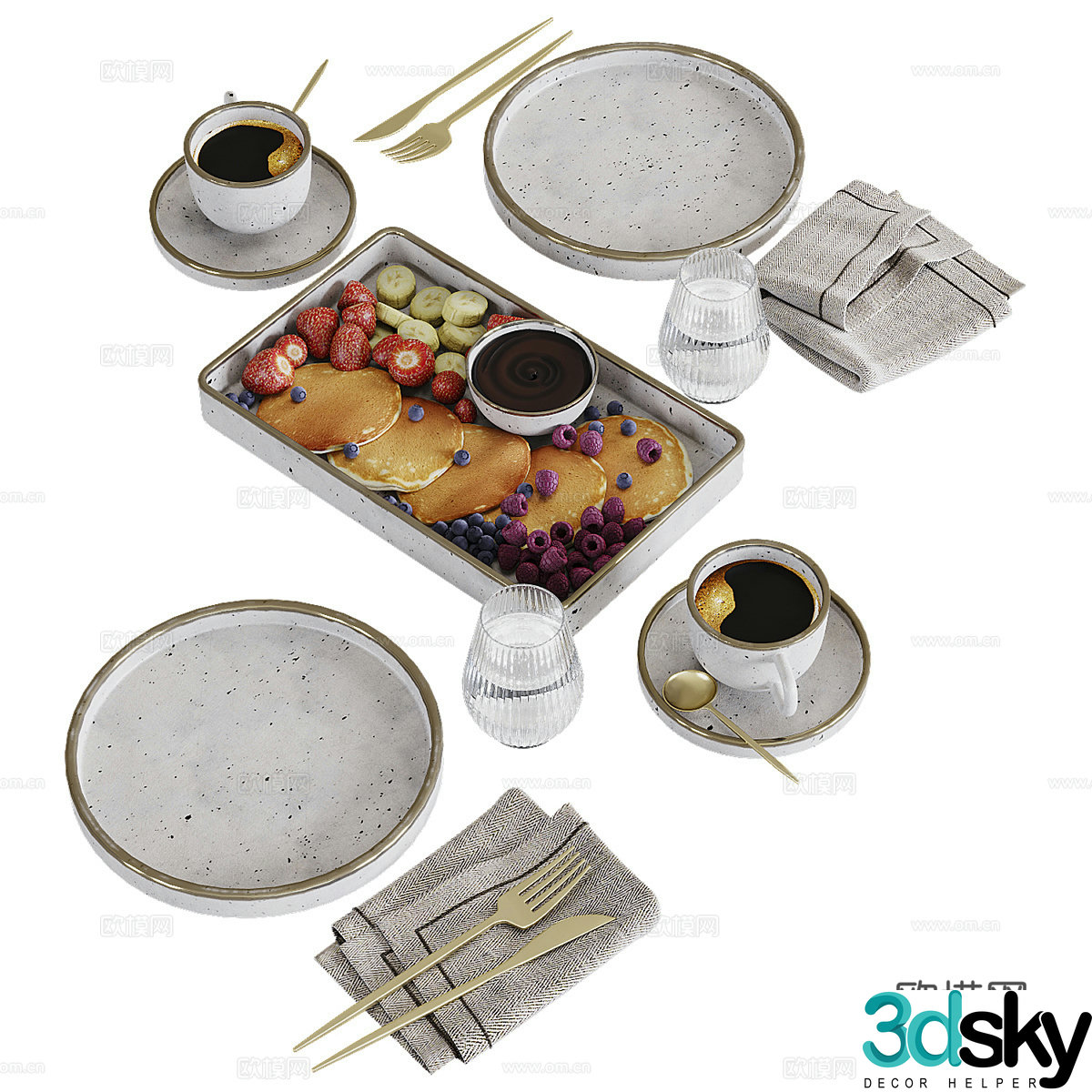 American tableware breakfast food 3d model