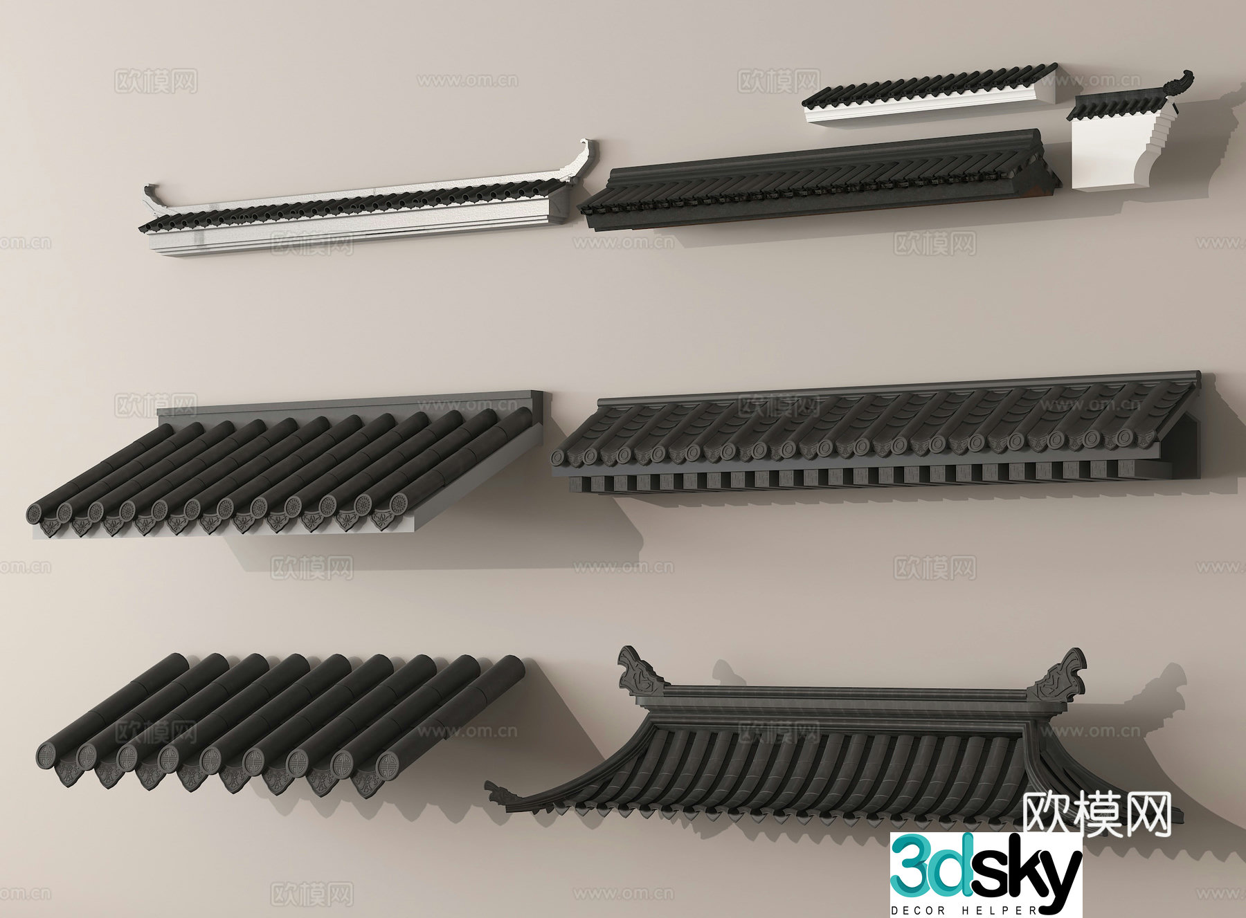 Chinese eaves roof tiles roof ridge 3d model
