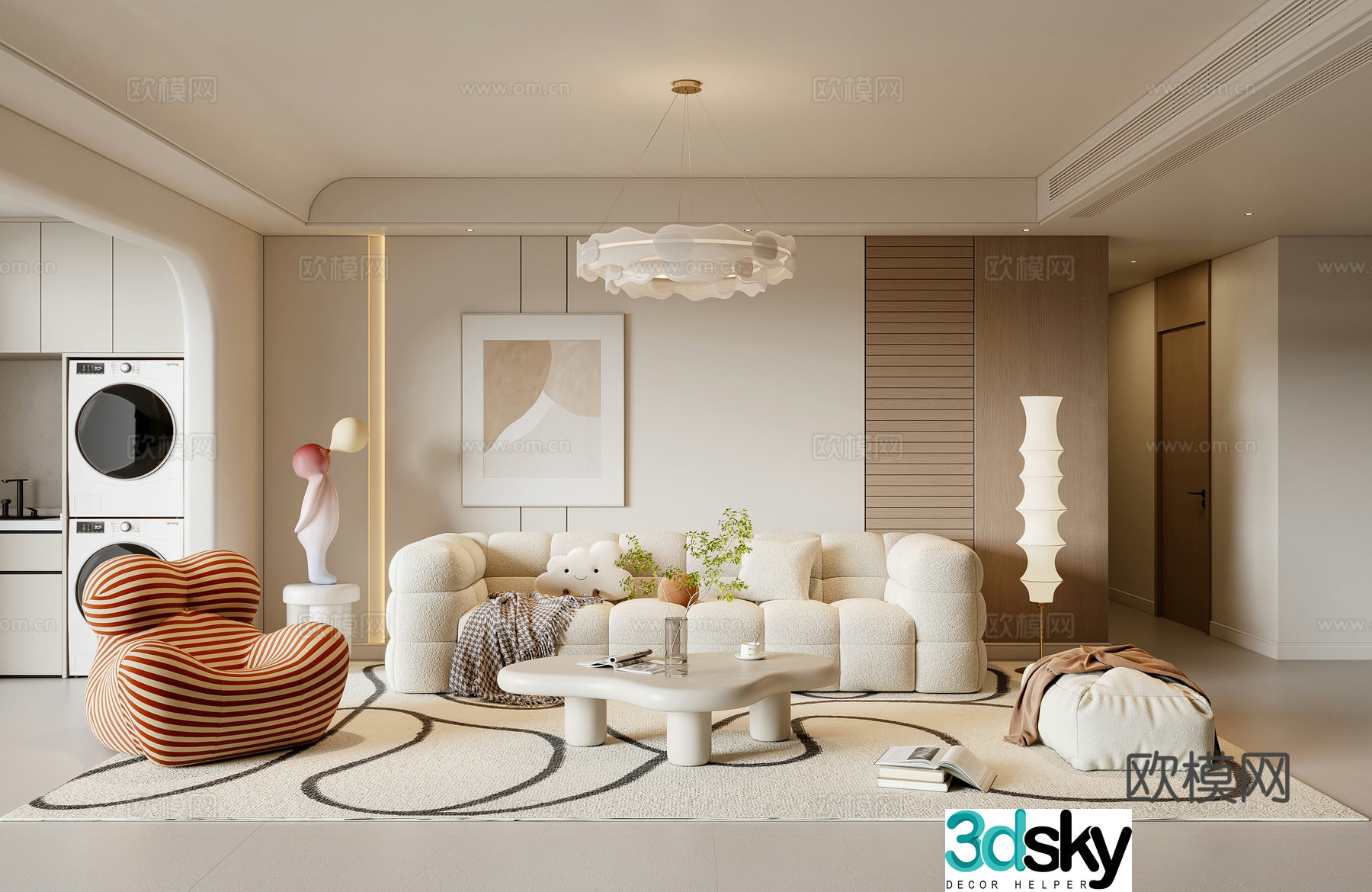 Modern Creamy Living Room 3D Model