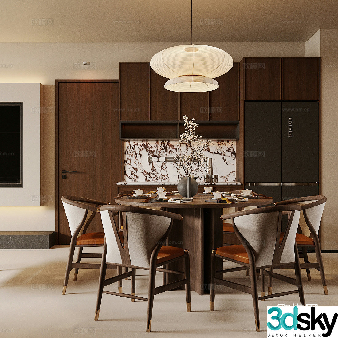 Style Zen Home Restaurant Open Restaurant Middle Style Restaurant Solid Wood Dining Table Chair Dining Table 3D Model