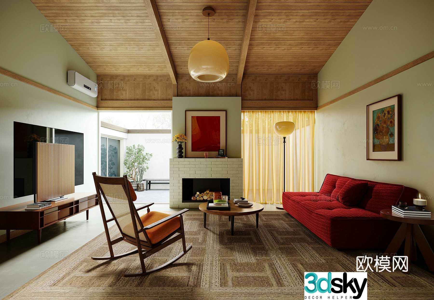 Medium style log villa living room 3d model