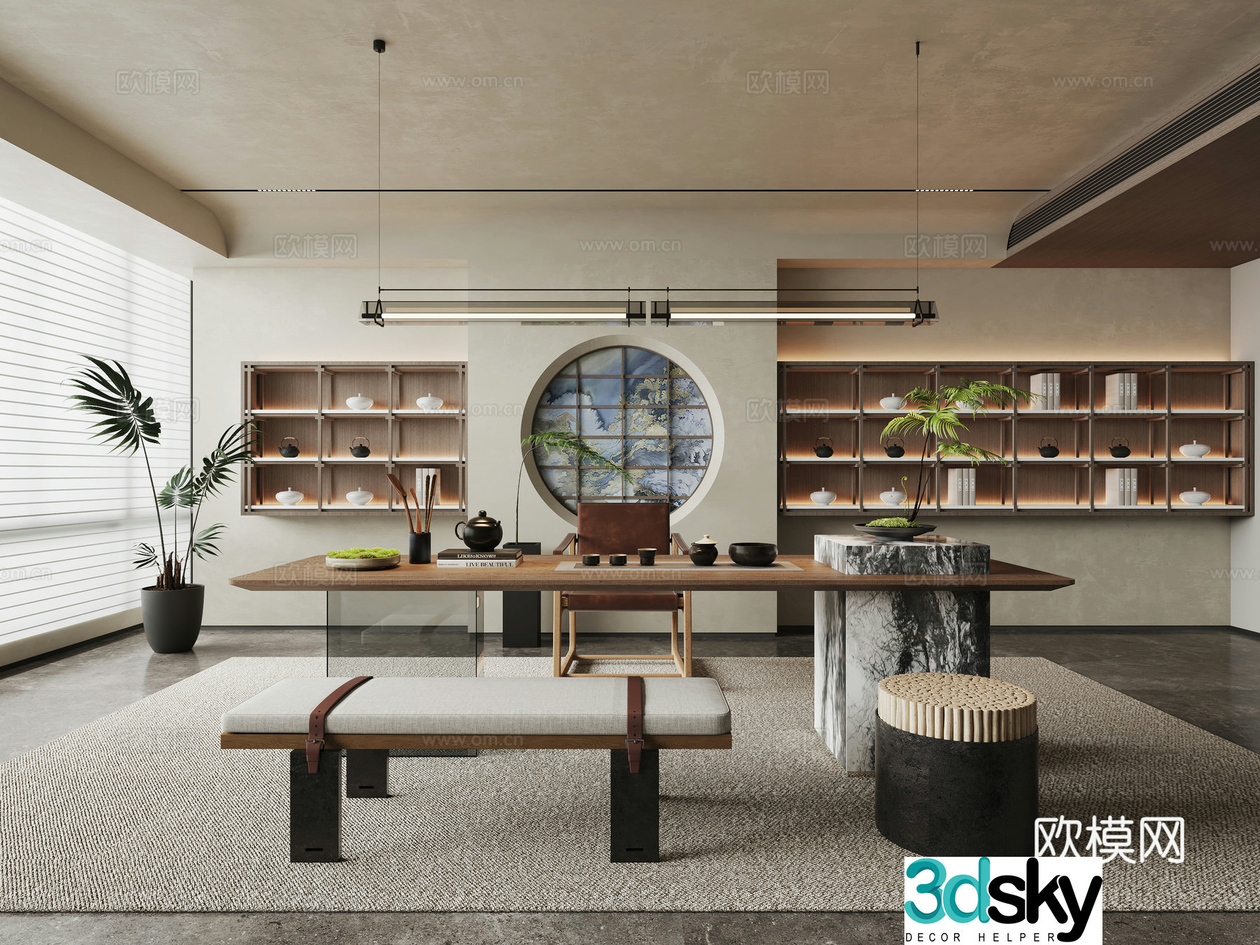 Modern tea room tea table and chair combination low stool hanging tea cabinet tea set teapot green plant 3D model