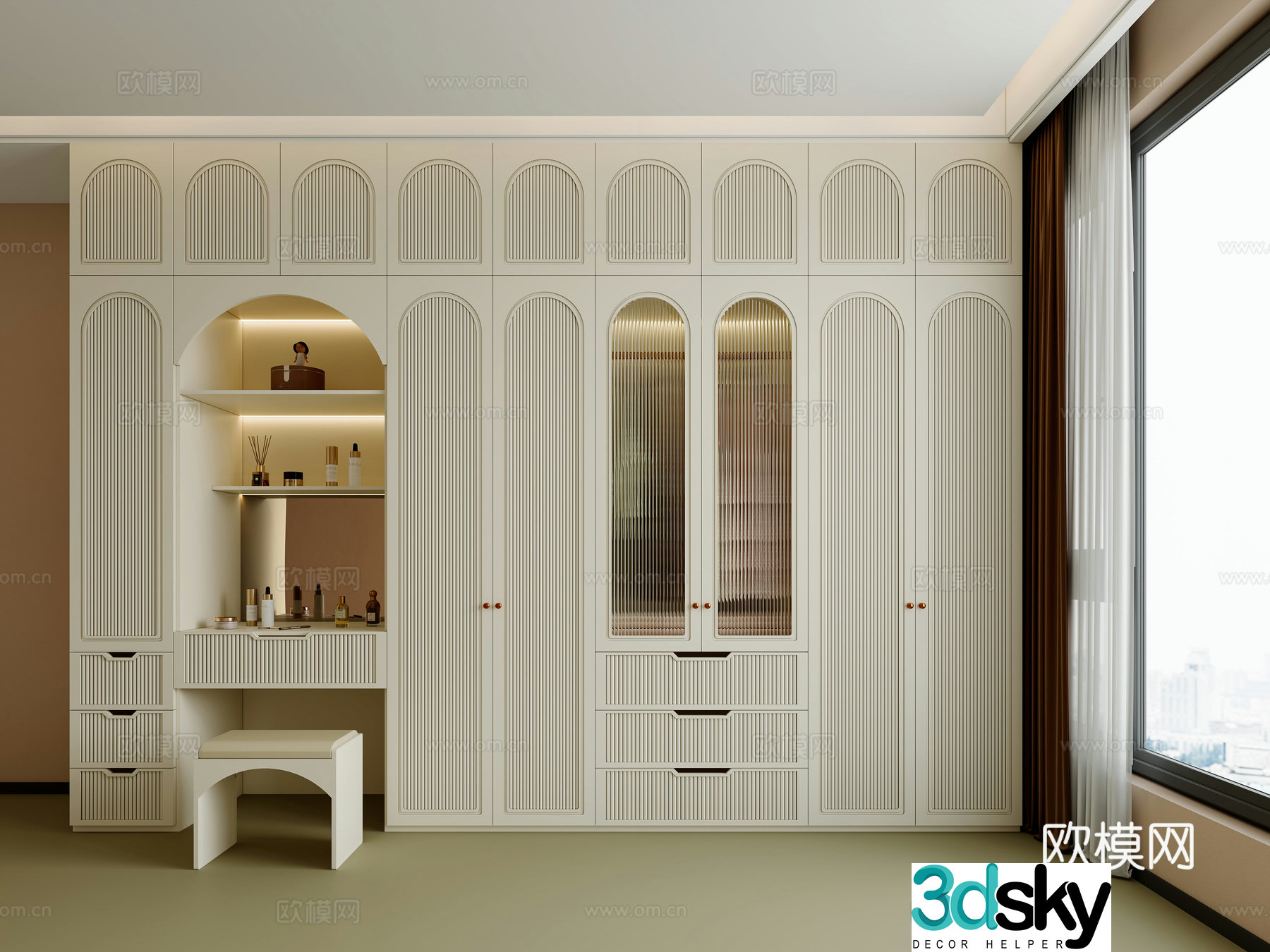Minimalist wardrobe open wardrobe glass wardrobe finished wardrobe cream windbreaker 3D model