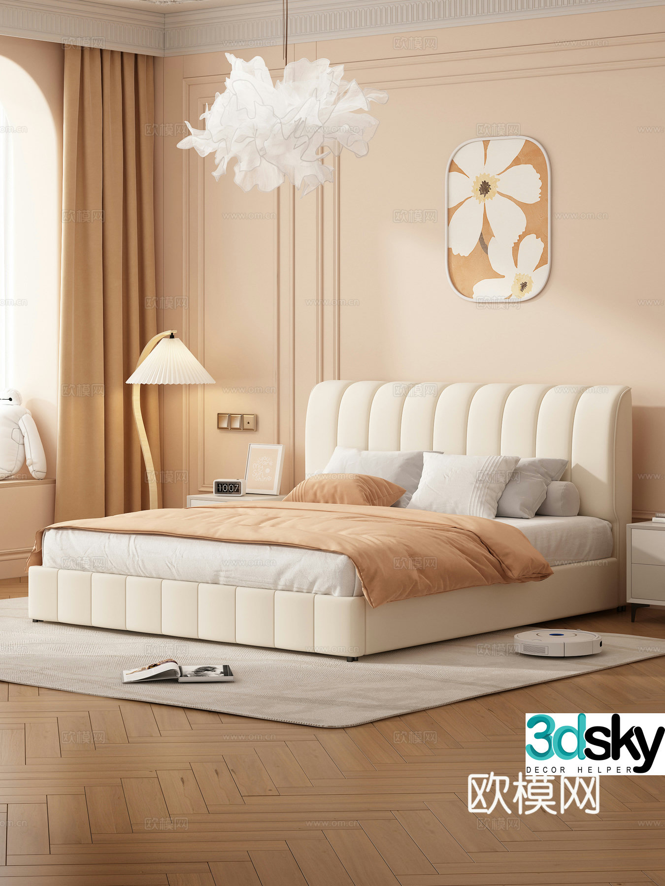 Soft packed double bed Cream home bedroom Master bedroom Bedside table Chandelier Floor lamp Decoration 3D model